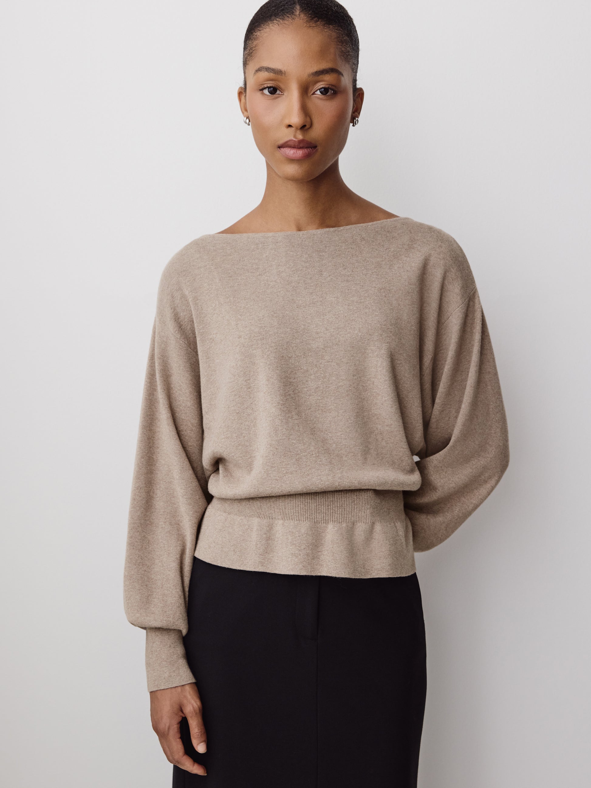 Ladies Knit Sweater Cinched Waist Boat Neck Cotton Blend