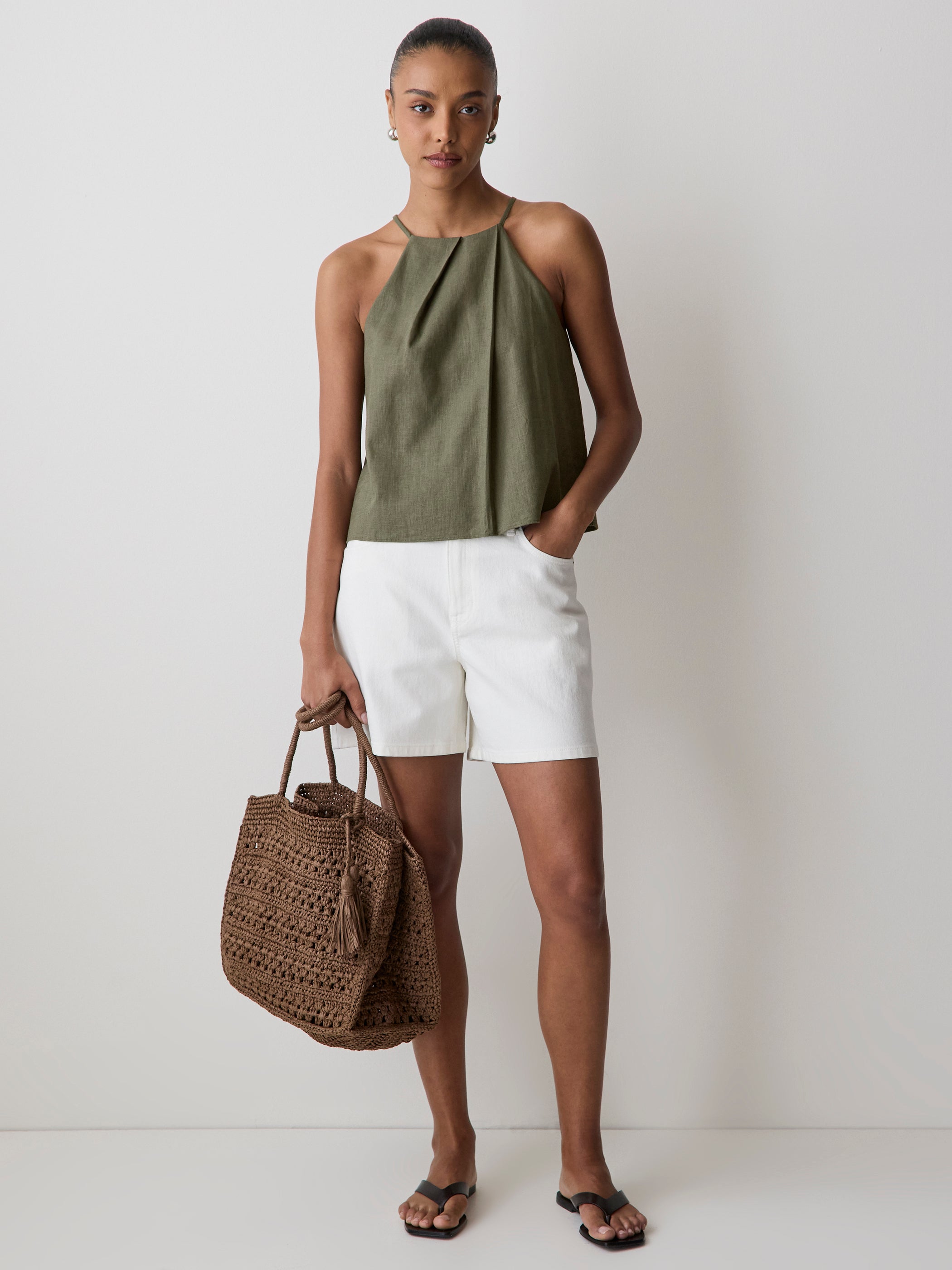 Woven Linen Blend Halter Top with Pleats