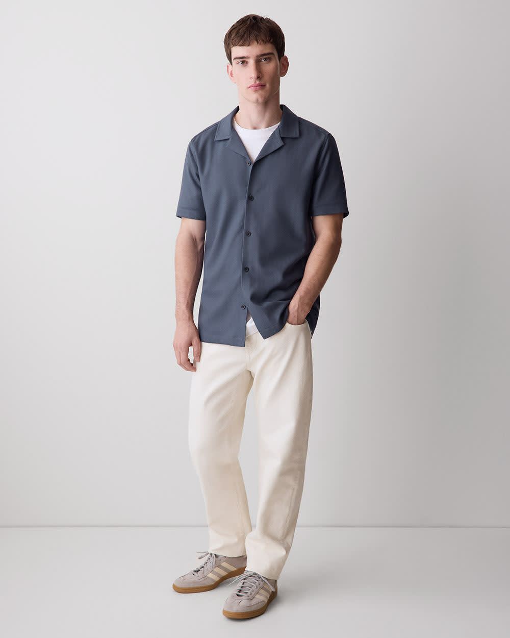 Short-Sleeve Herringbone Shirt with Camp Collar