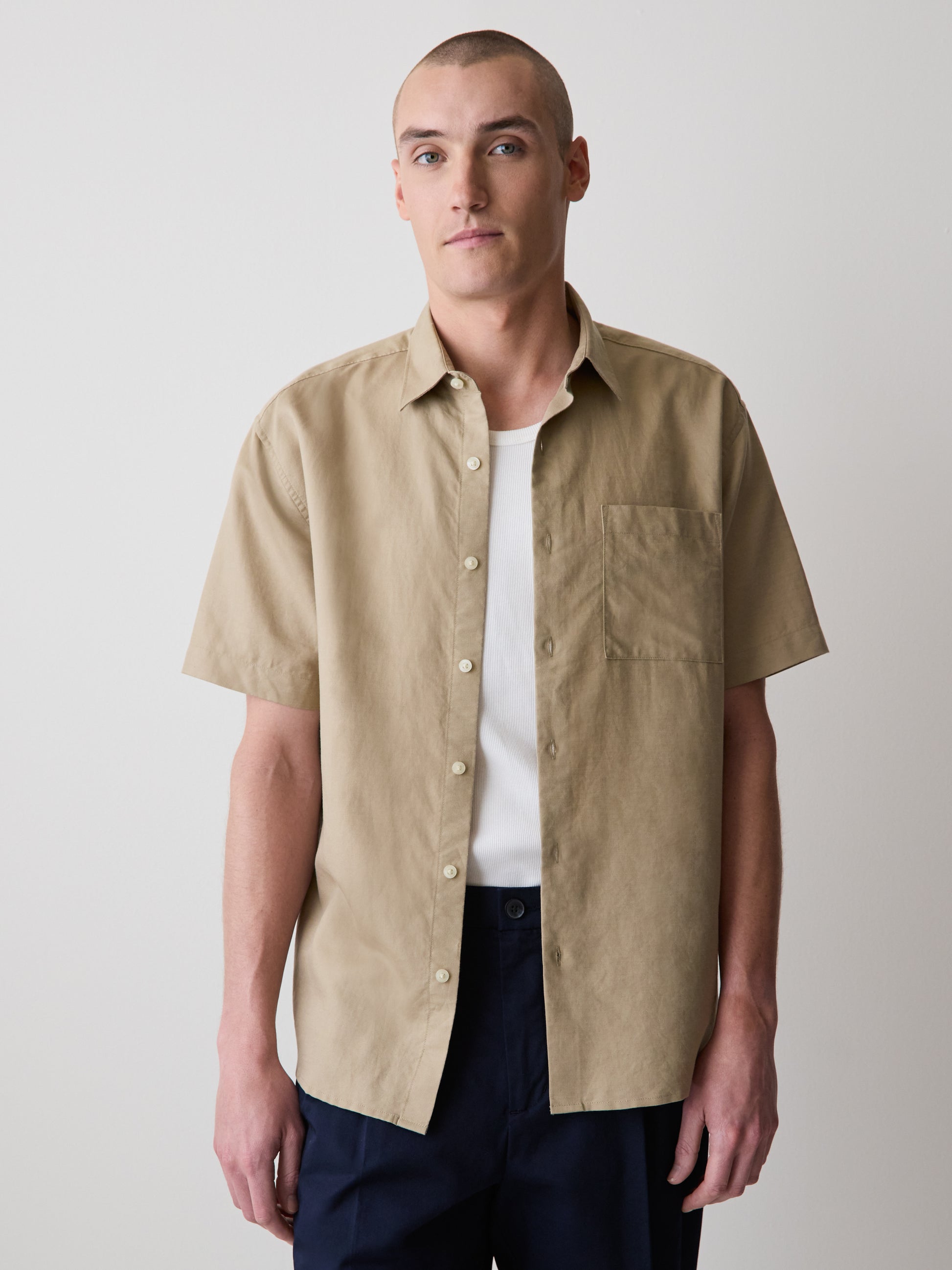 Mens Woven Linen Blend Shirt Regular Fit Short Sleeve