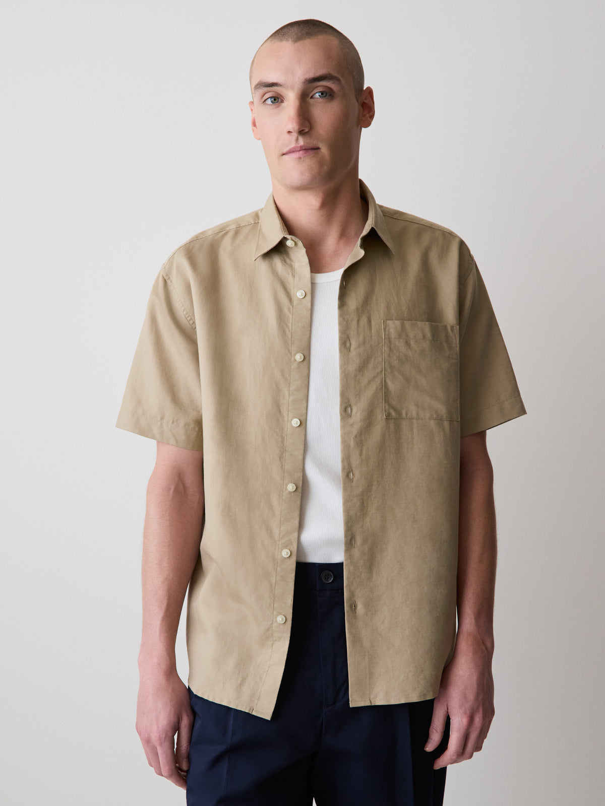 Mens Woven Linen Blend Shirt Regular Fit Short Sleeve