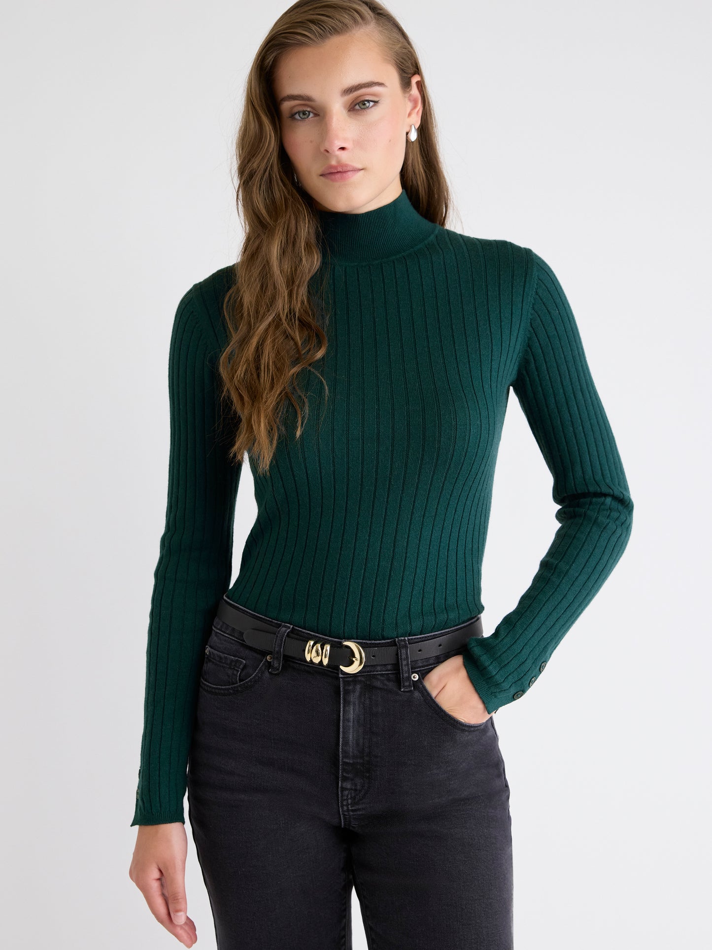 Mock-Neck Sweater with Buttons on Sleeves