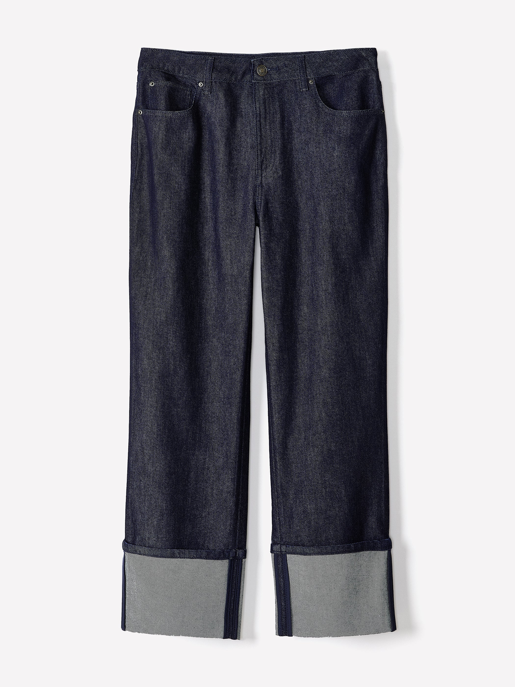 Jeans à Taille Haute et Jambe Droite à Ourlets Roulés