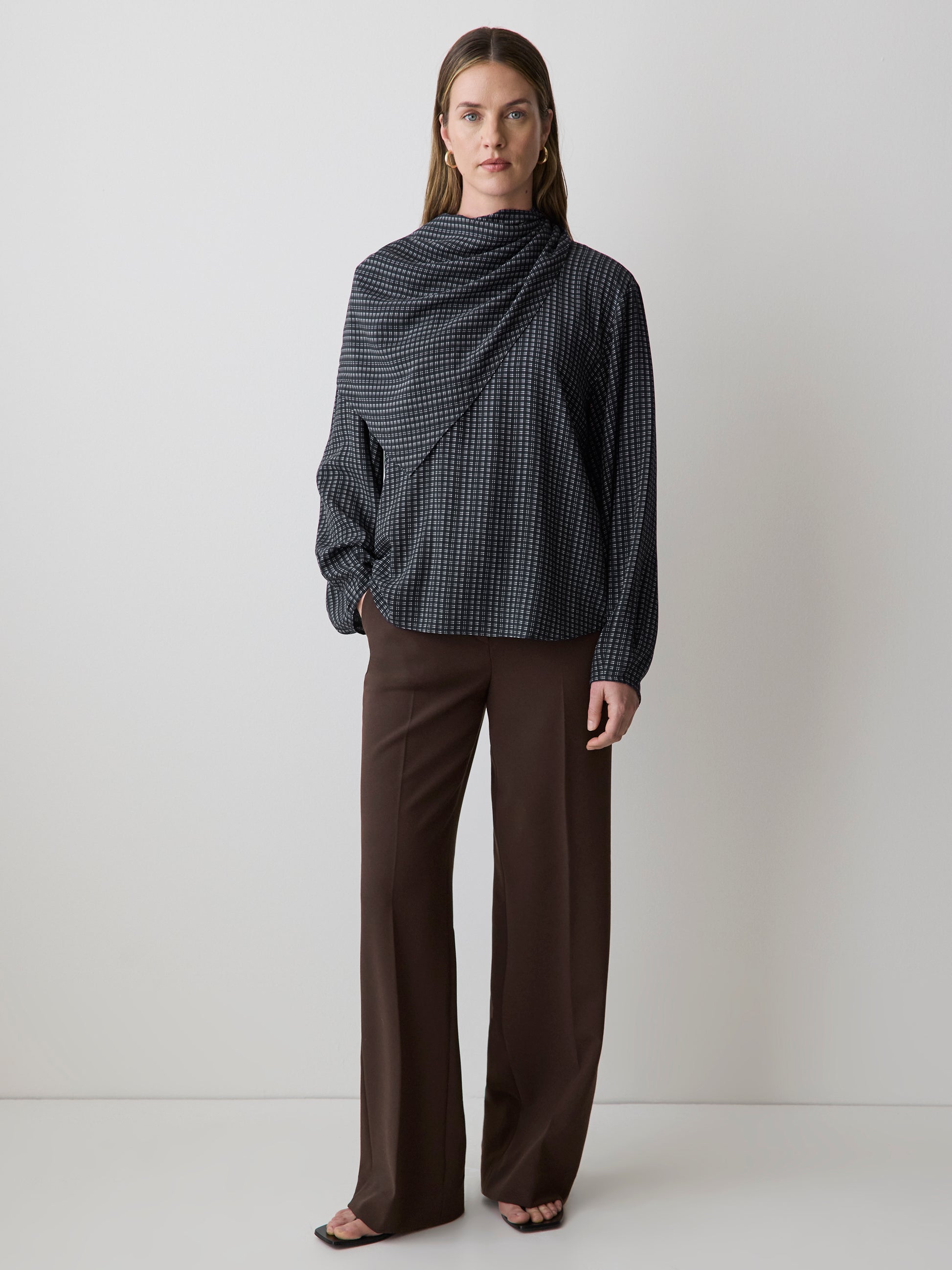 Long-Sleeve Popover Blouse with Scarf Neckline
