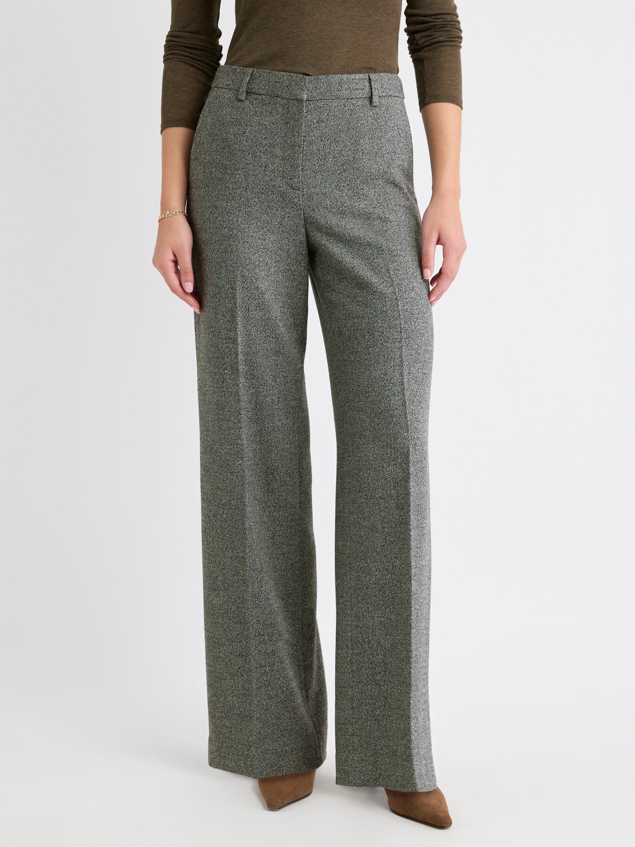 Pantalon en Tweed à Taille Mi-Haute et Jambe Large