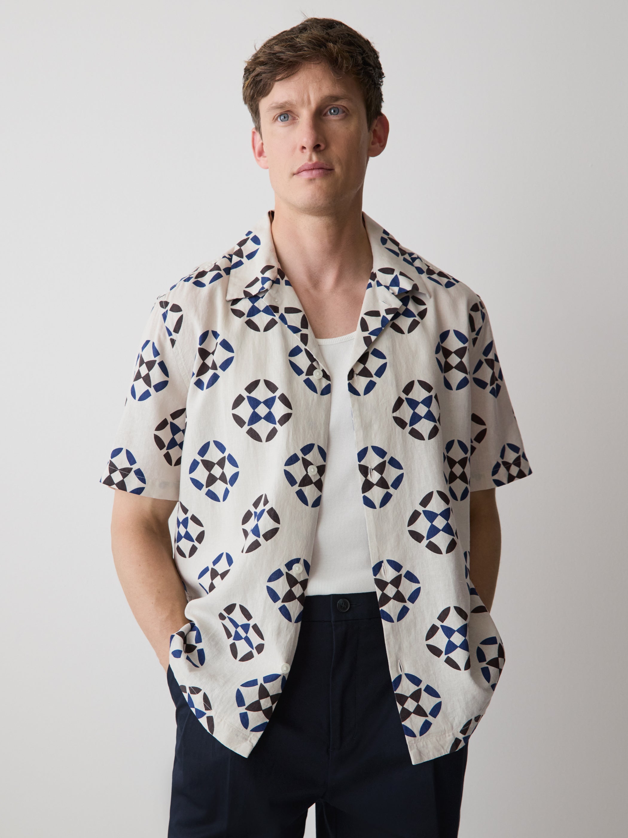 Linen-Blend Short-Sleeve Shirt with Print