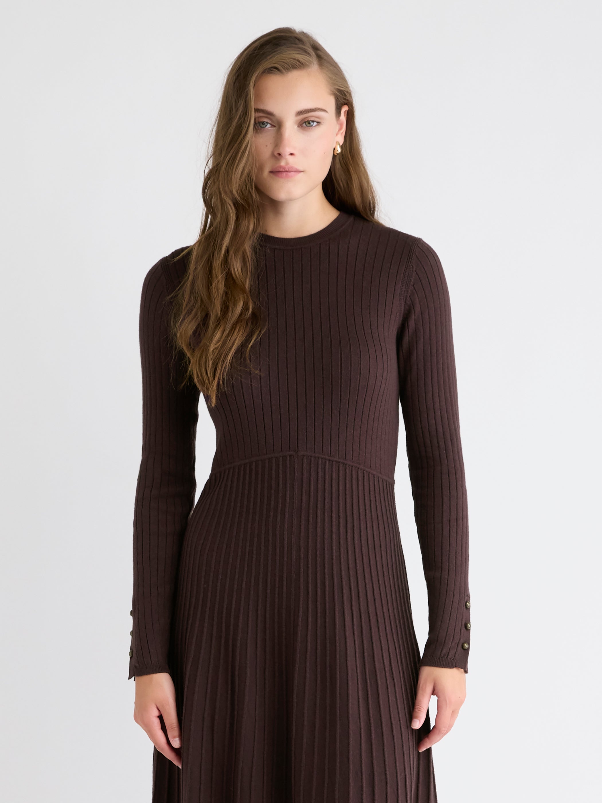 Robe Midi en Tricot Côtelé à Manches Longues