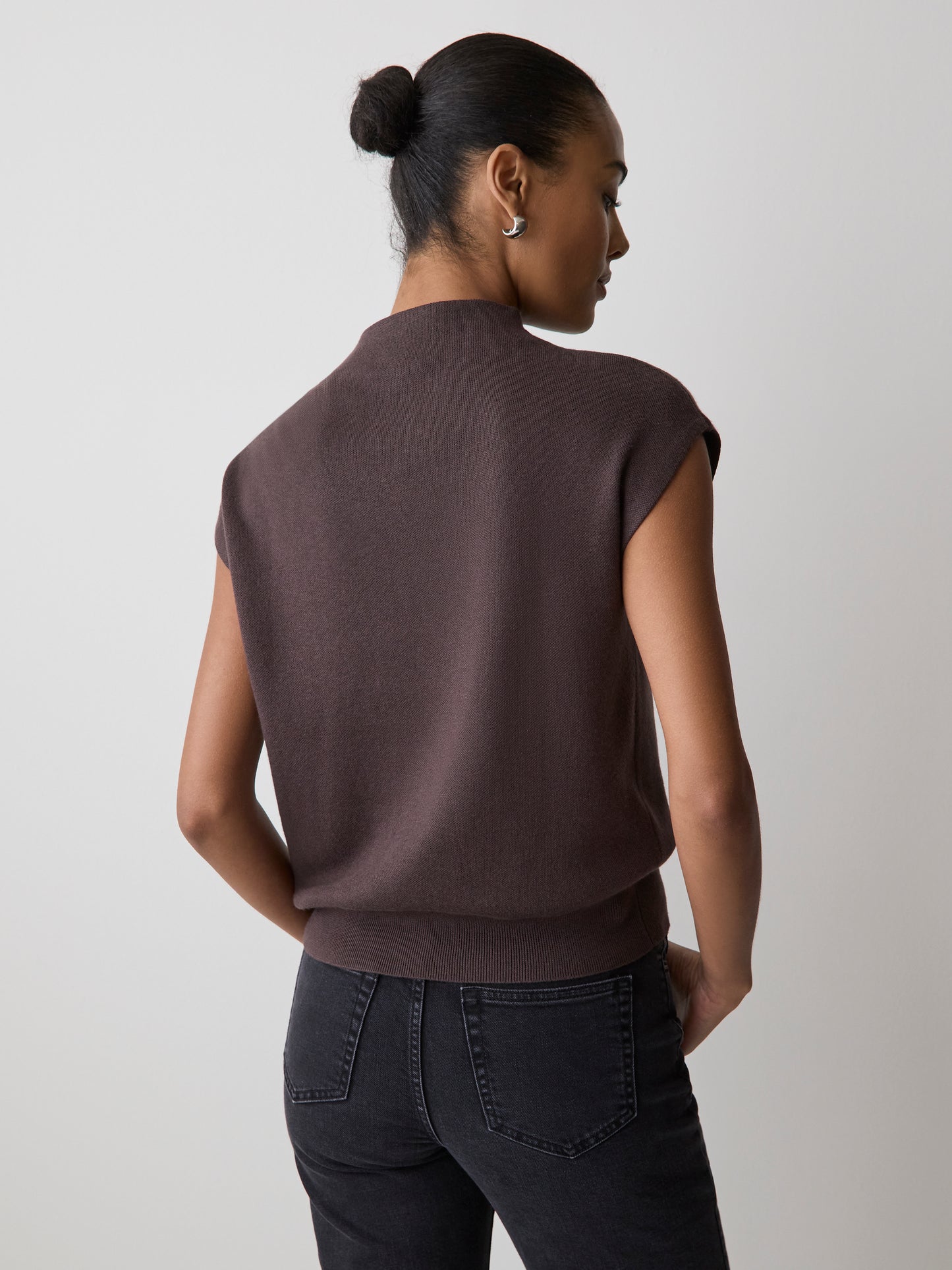 Sleeveless Mock-Neck Sweater with Buttons at Shoulder