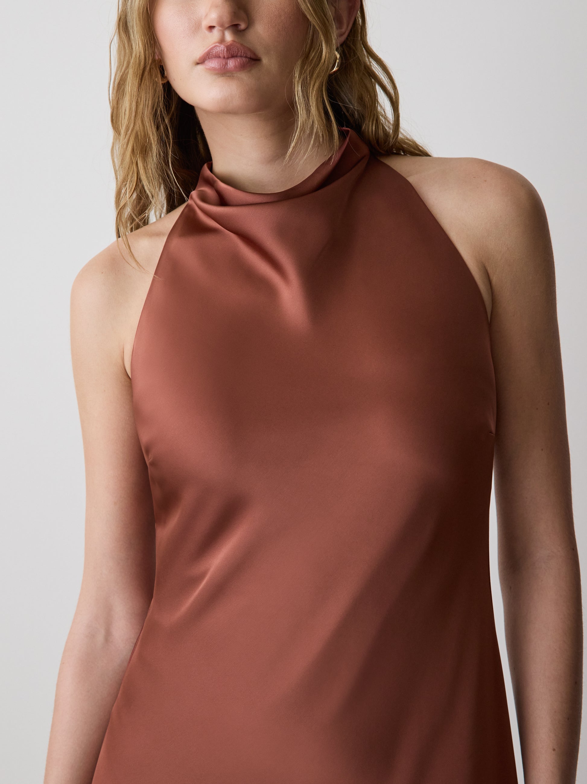 Sleeveless Cowl-Neck Dress with Asymmetrical Hem