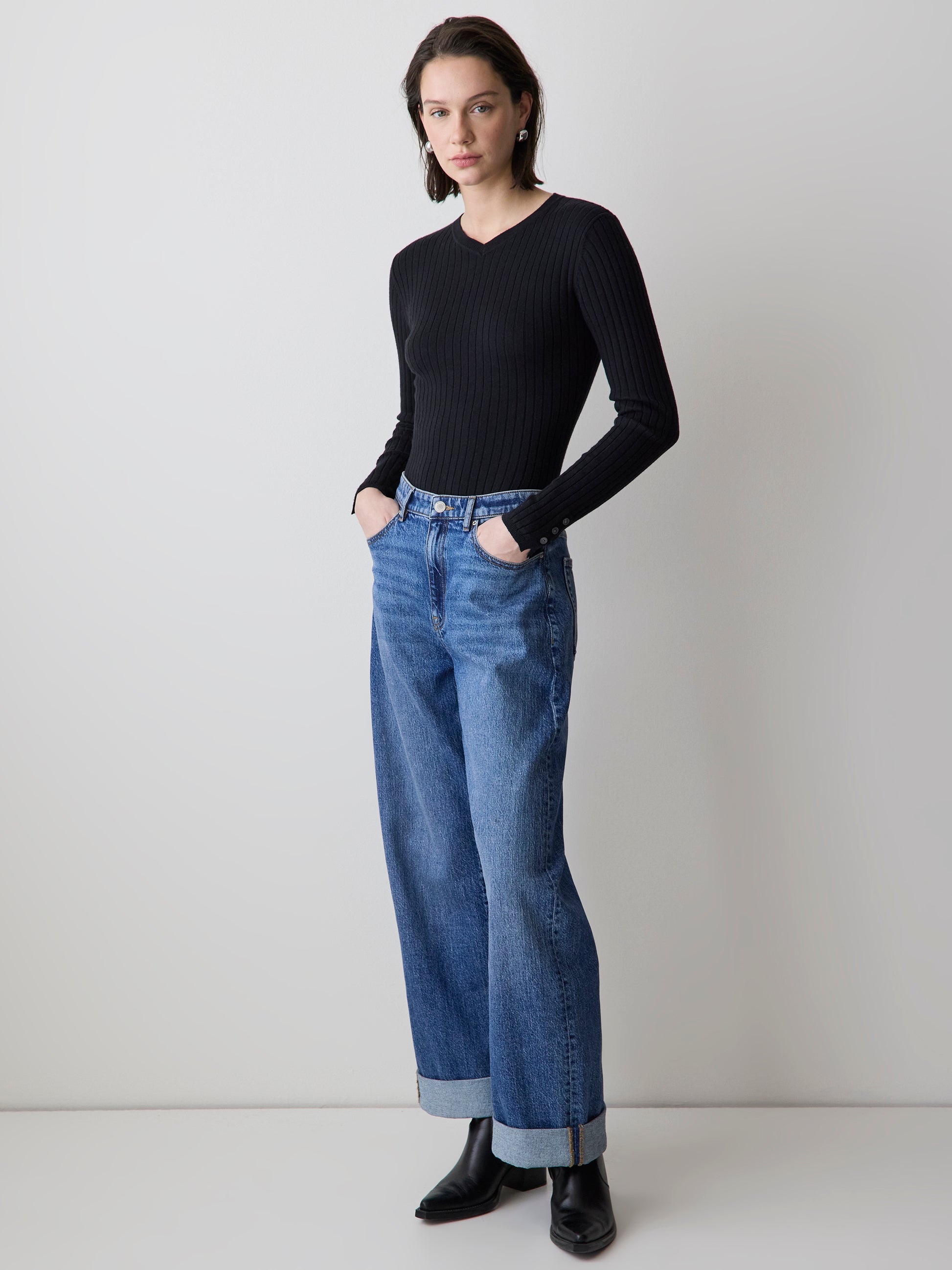 V-Neck Sweater with Buttons on Sleeves