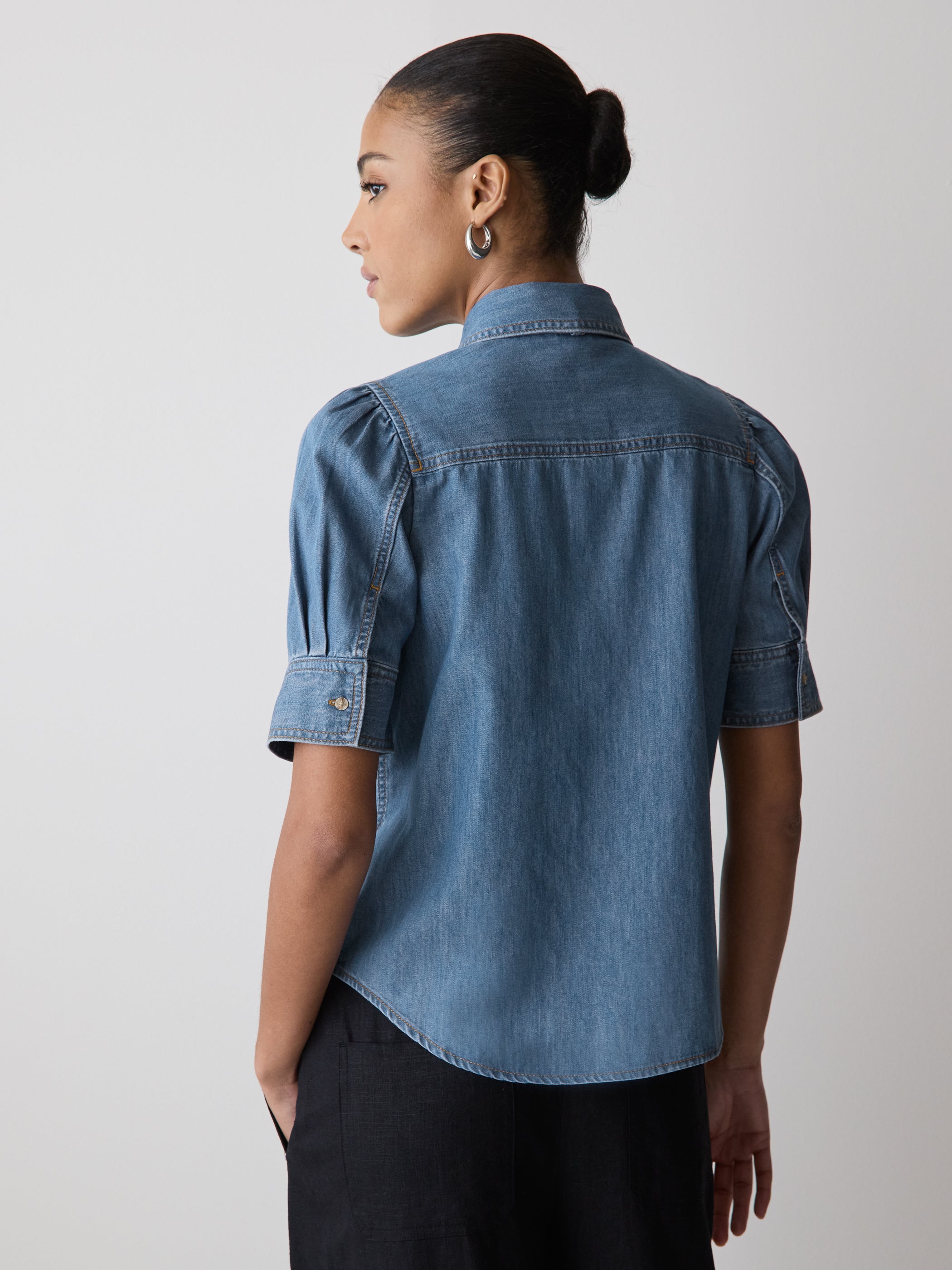 Short-Sleeve Denim Blouse with Shirt Collar