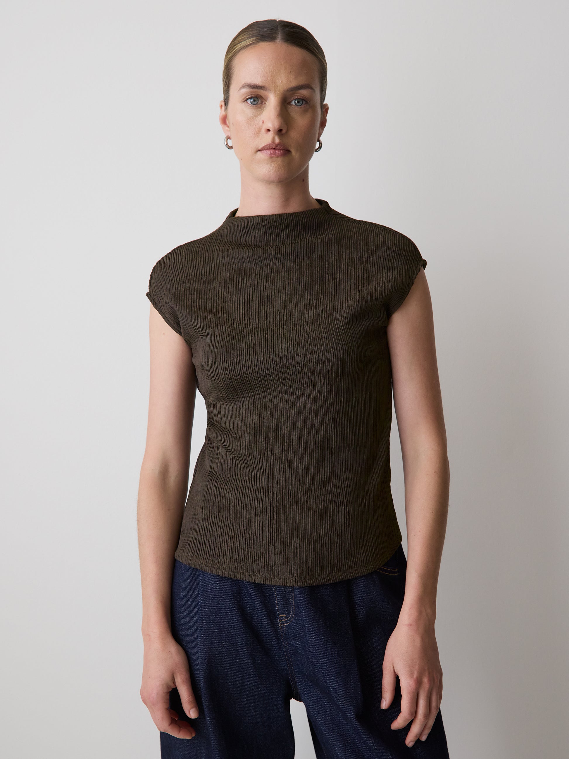 Sleeveless Funnel-Neck Textured Top
