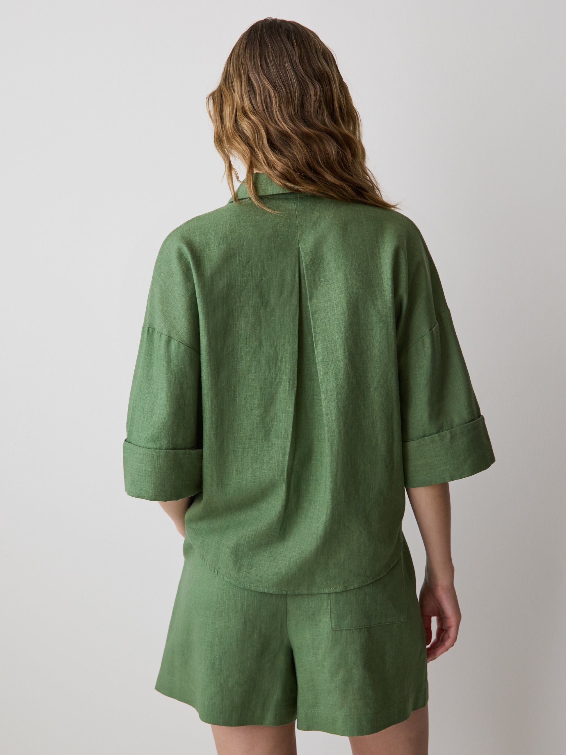 Linen-Blend Short-Sleeve Blouse with Shirt Collar