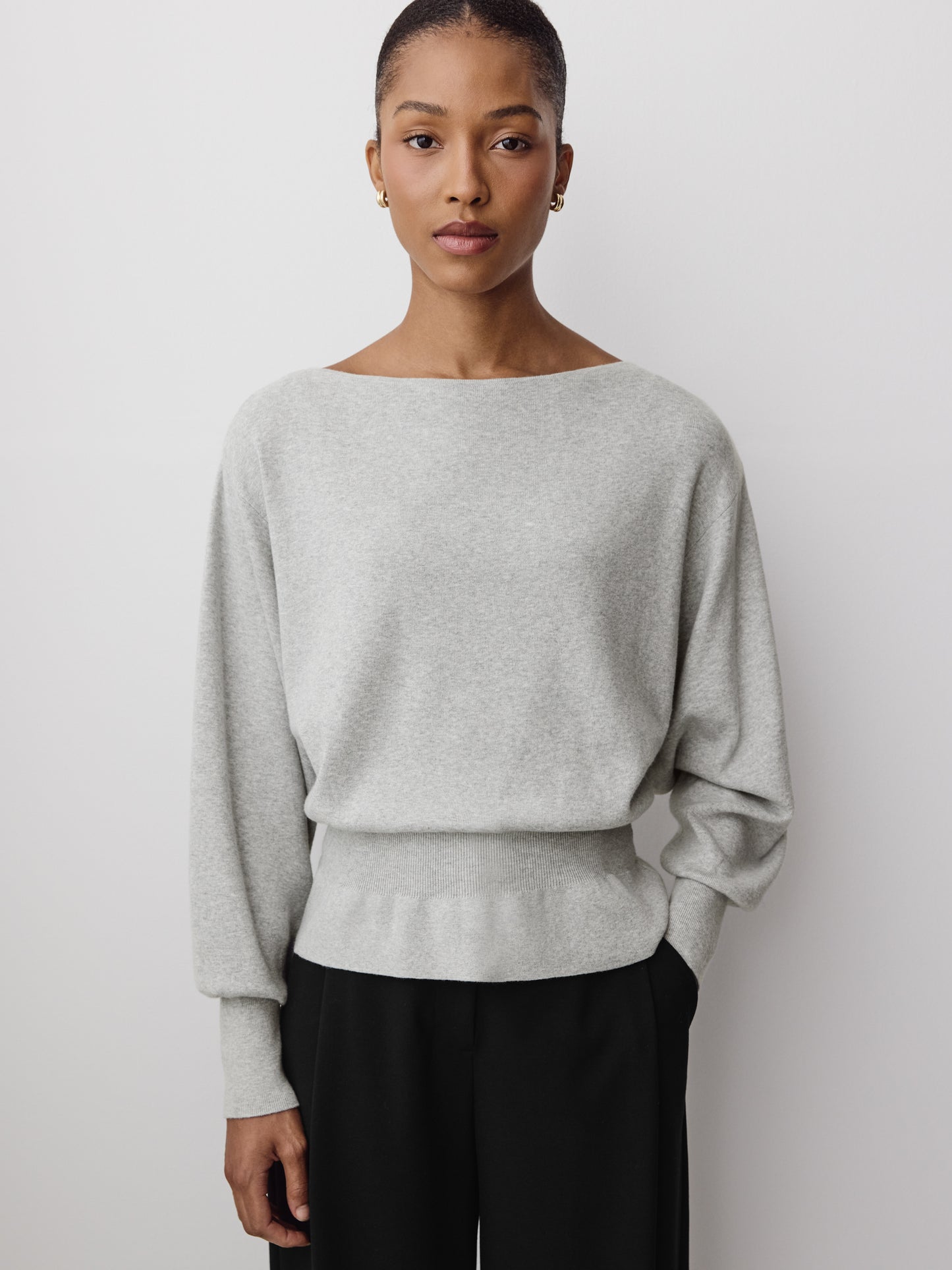 Ladies Knit Sweater Cinched Waist Boat Neck Cotton Blend