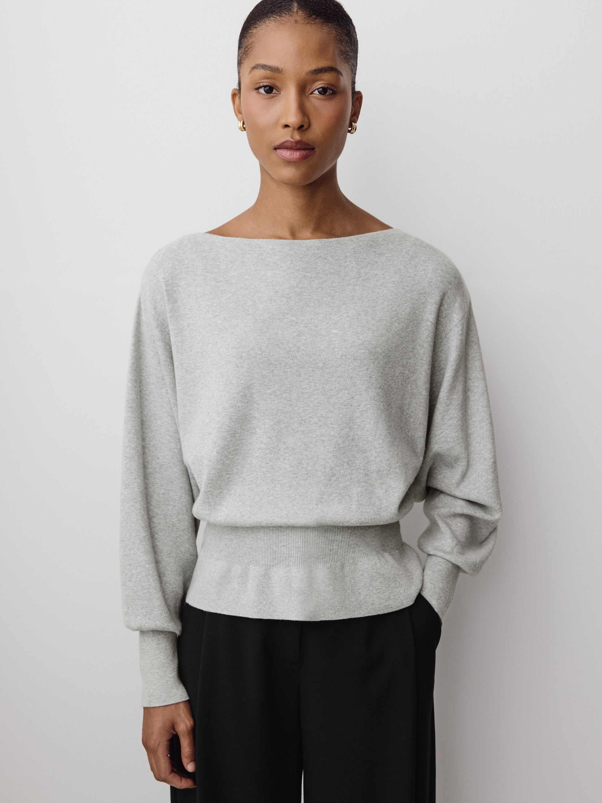 Ladies Knit Sweater Cinched Waist Boat Neck Cotton Blend