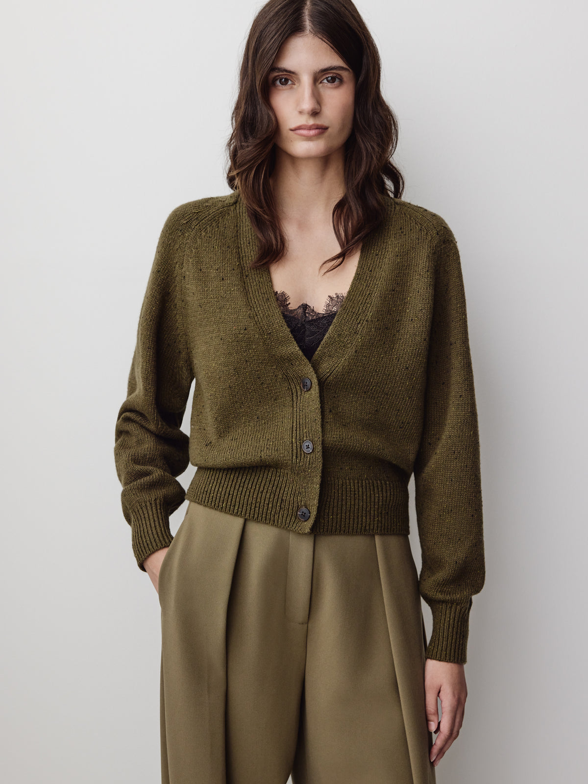 V-Neck Cardigan with Long Barrel Sleeves