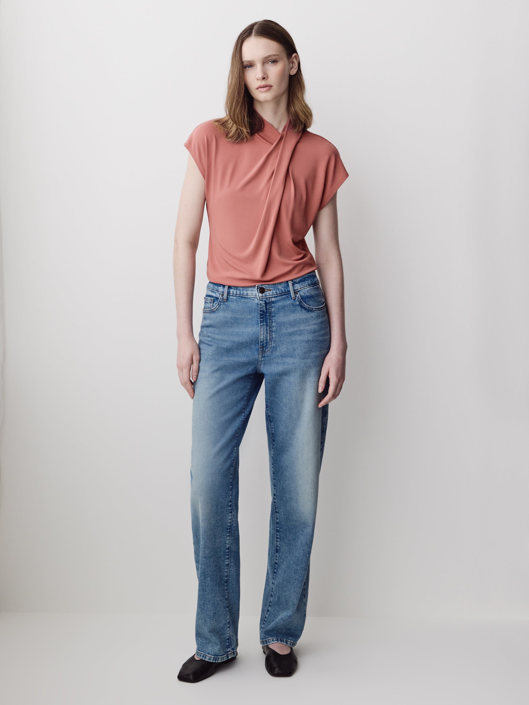 Extended-Sleeve Top with Crossover Draped Mock Neckline