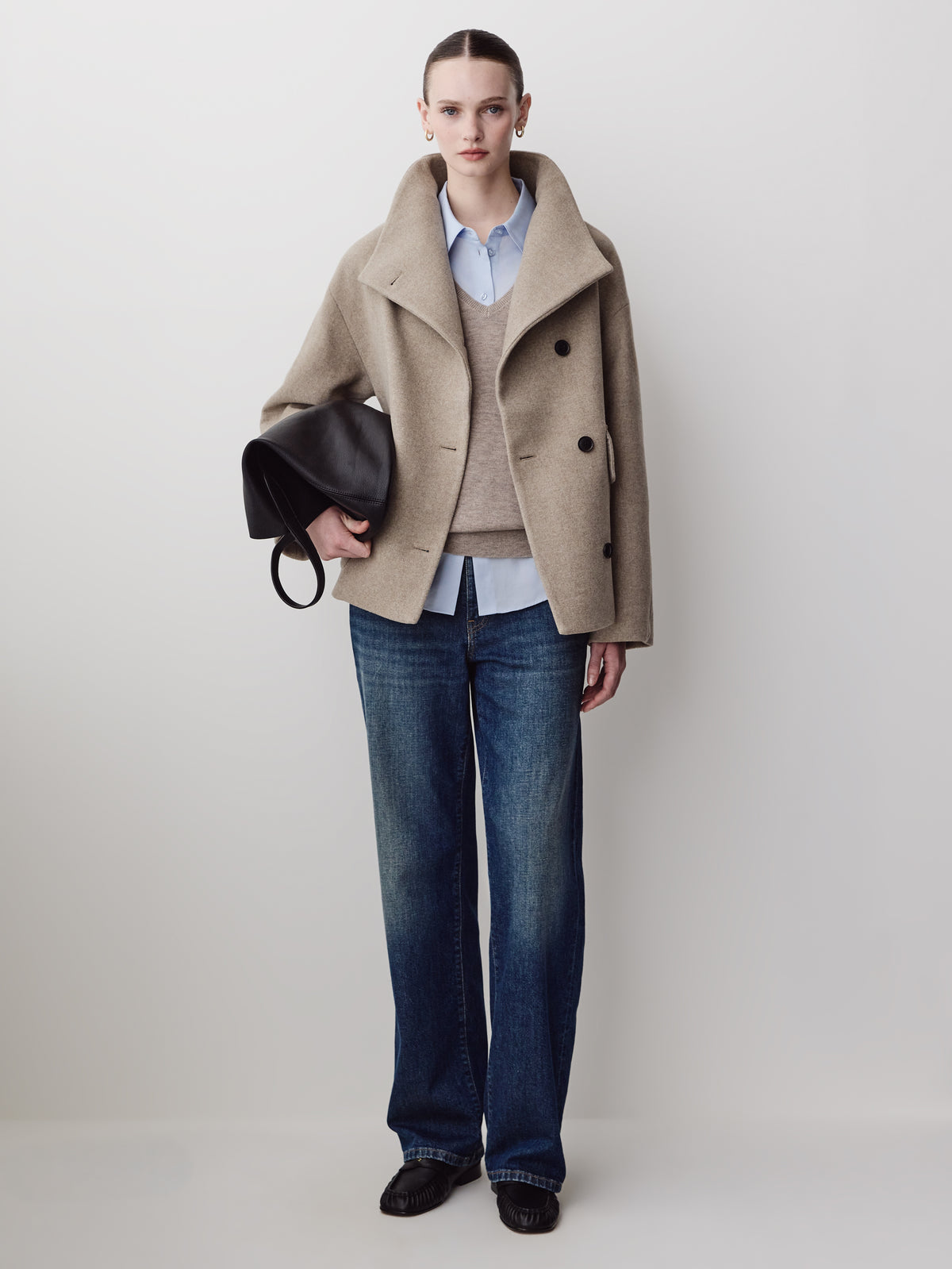 Wool Blend Short Jacket with Funnel Neck