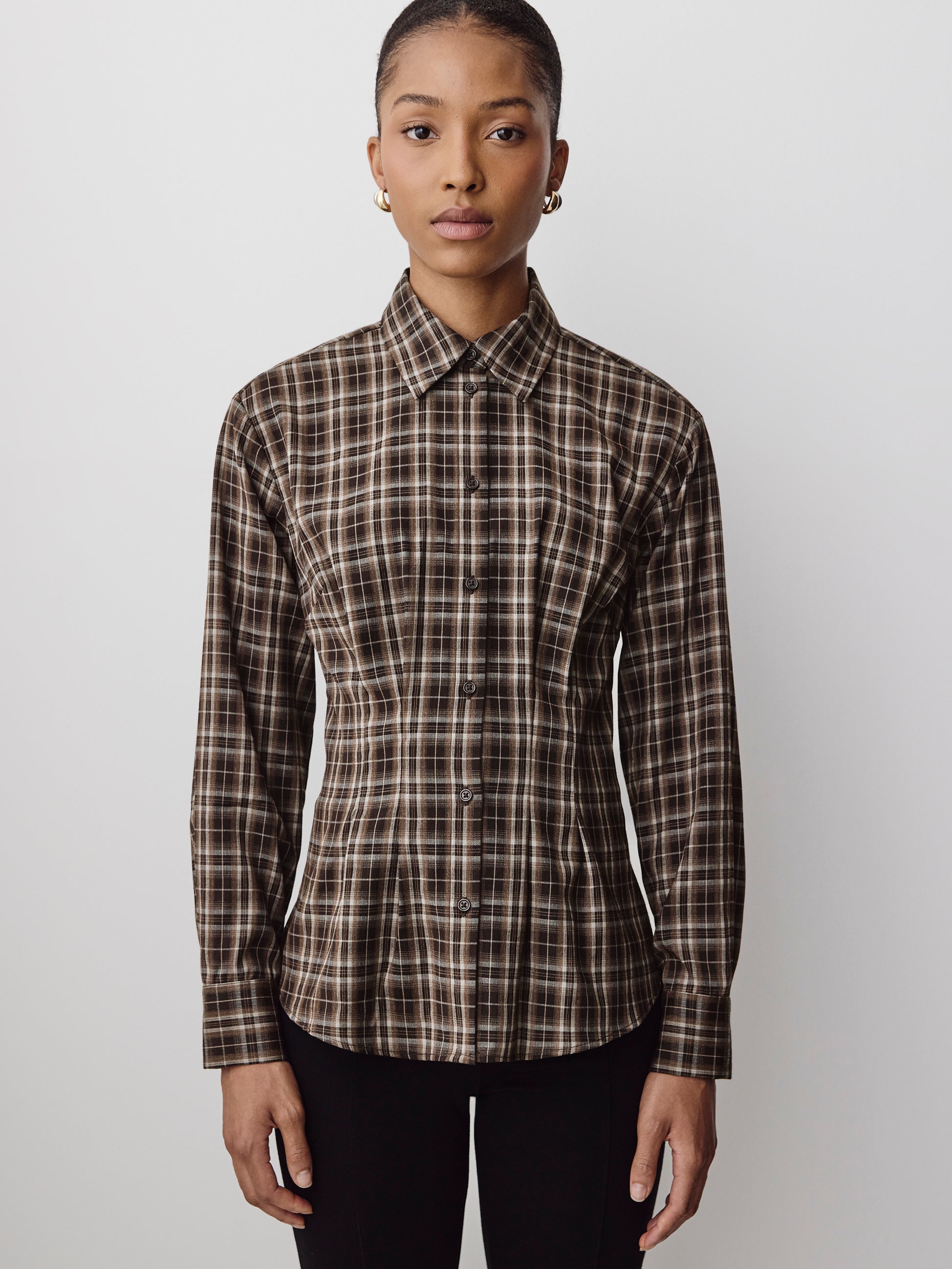 Woven Plaid Button-Up Shirt with Darts