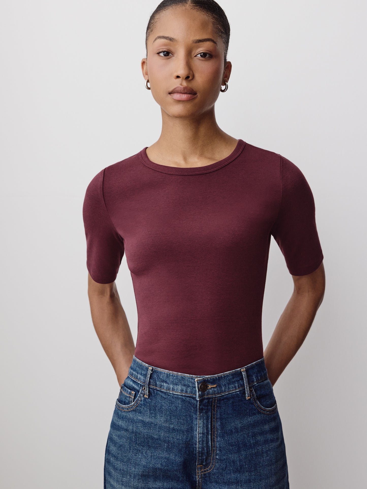 Fitted Cotton Modal Knit Pullover with Crew Neck