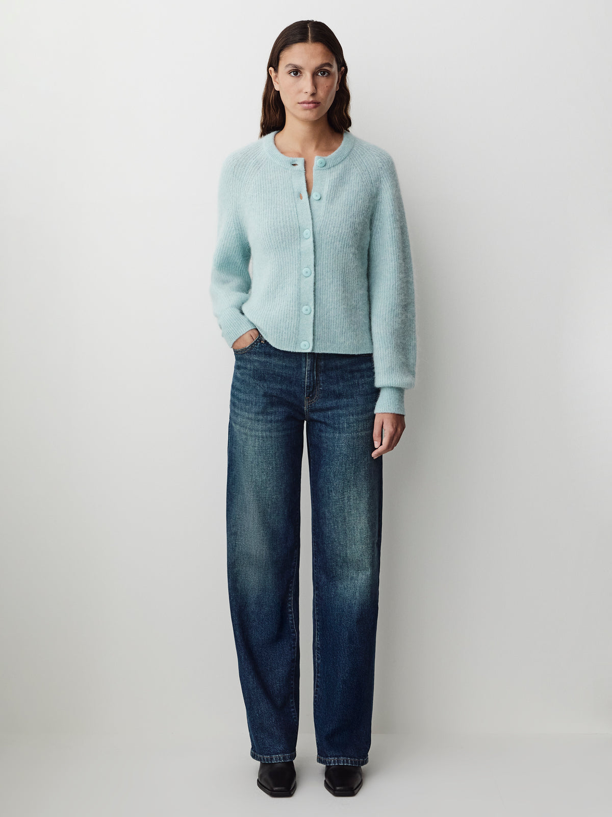 Wool-Blend Long-Sleeve Crew-Neck Cardigan