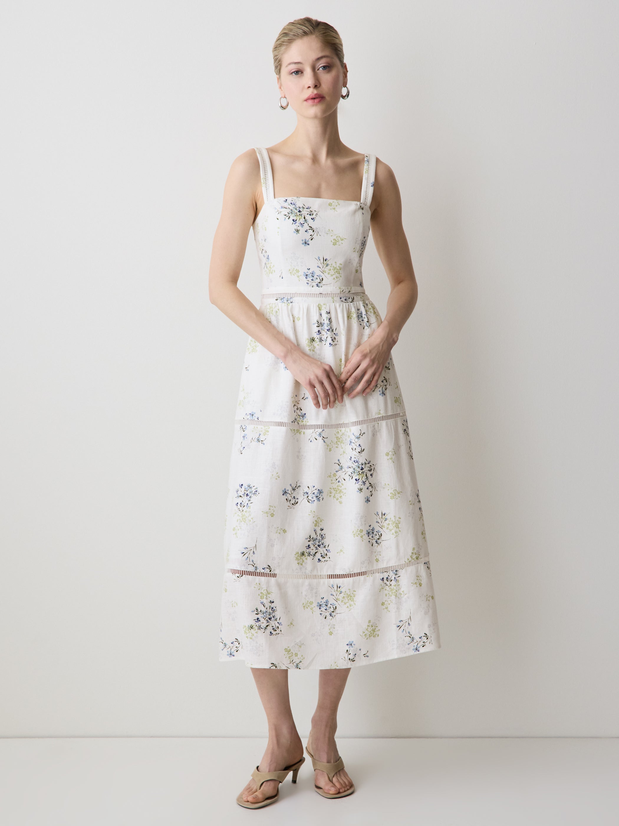 Sleeveless Square-Neck Linen-Blend Midi Dress