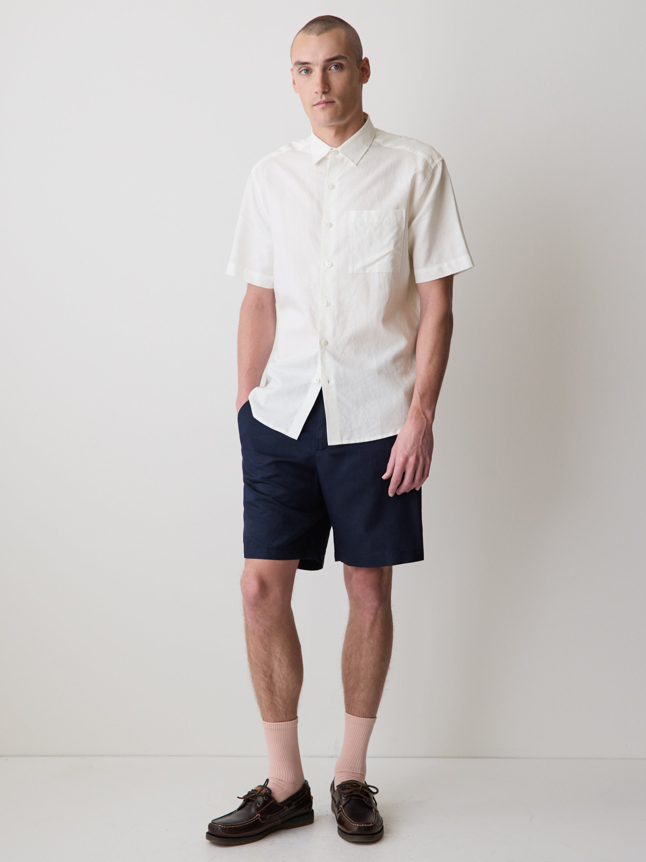 Mens Woven Linen Blend Shirt Regular Fit Short Sleeve