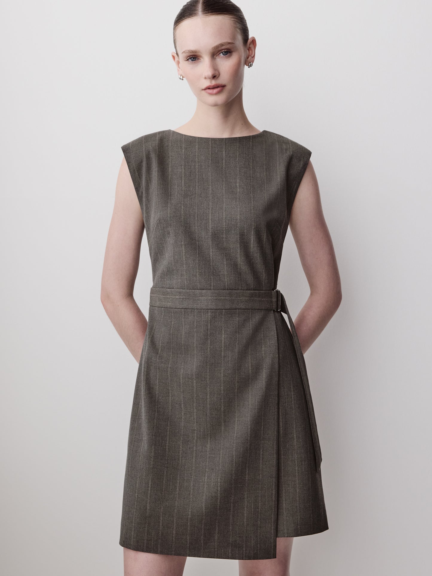 Woven Sleeveless Faux Wrap Dress with Stripes