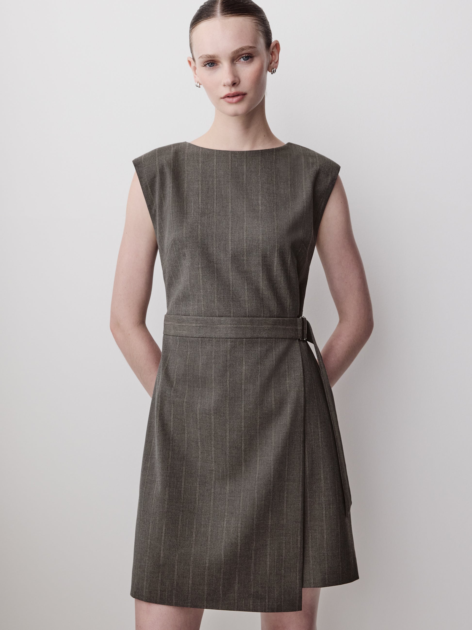Woven Sleeveless Faux Wrap Dress with Stripes
