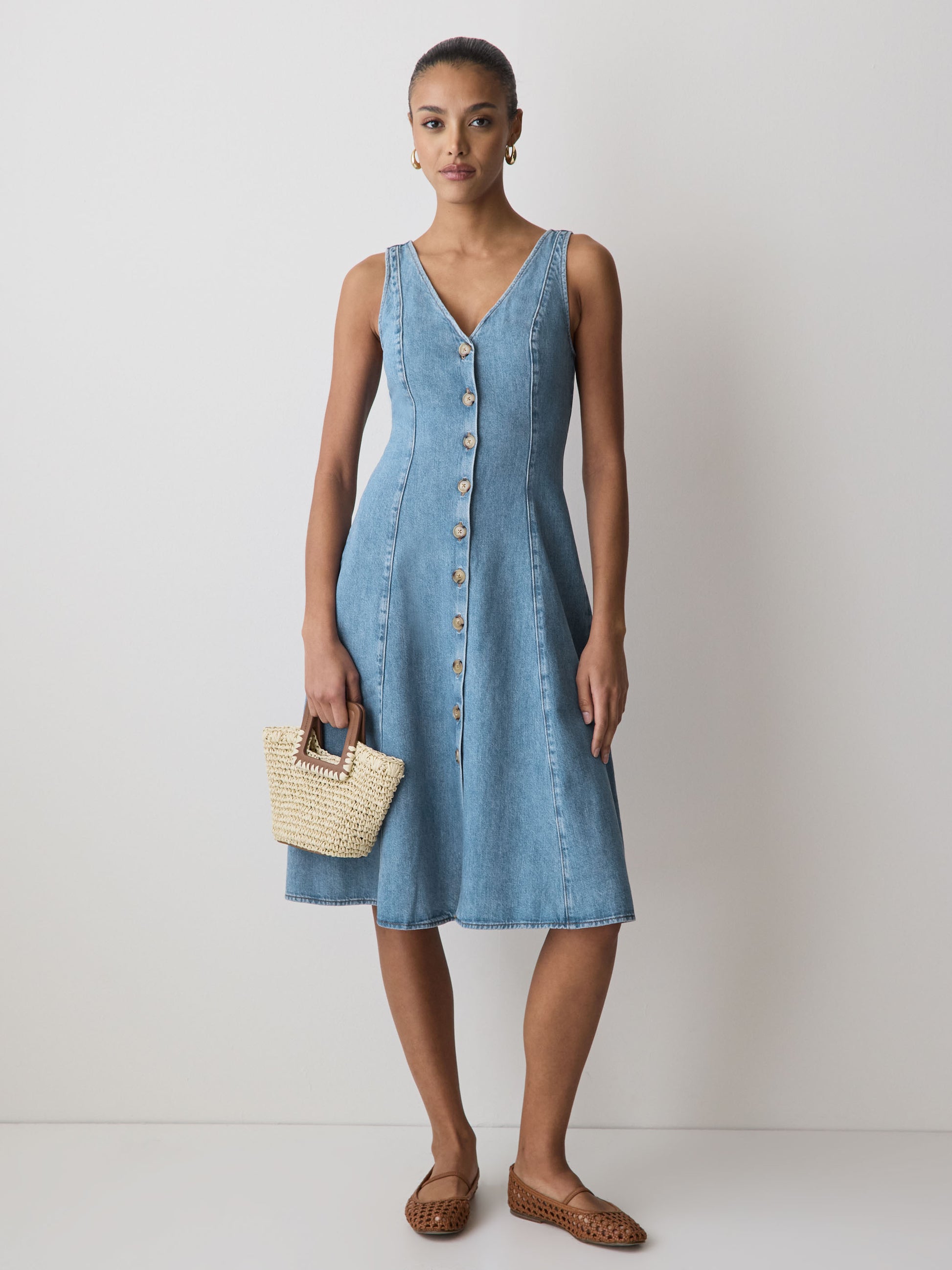 Denim Sleeveless V-Neck Midi Dress