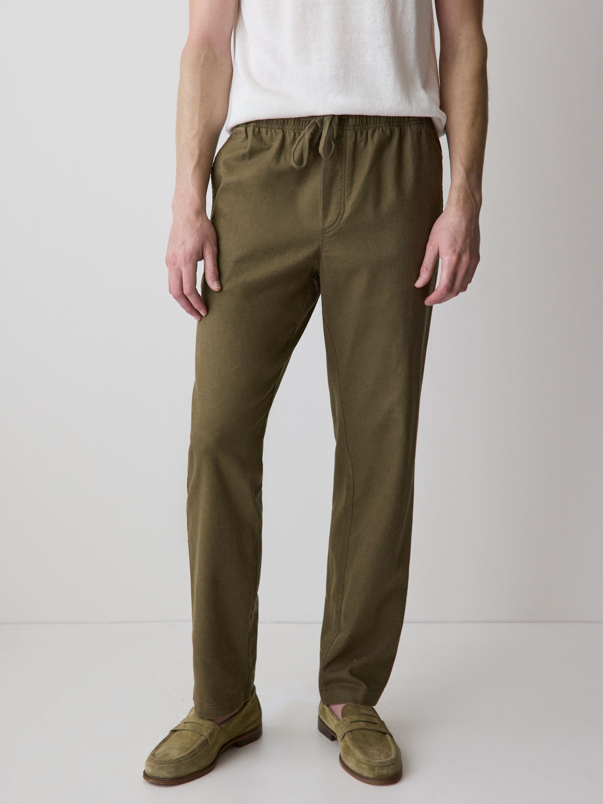 Linen-Blend Pants with Elastic Waistband and Drawstring
