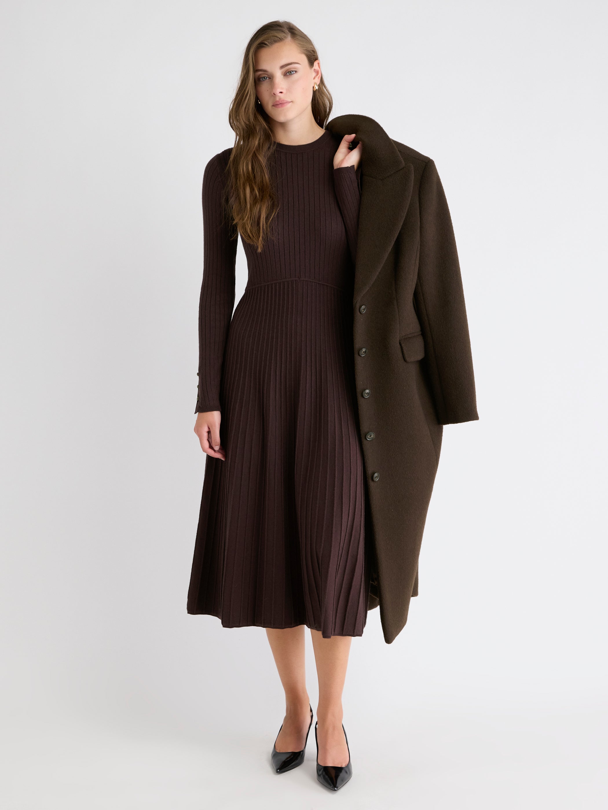 Robe Midi en Tricot Côtelé à Manches Longues