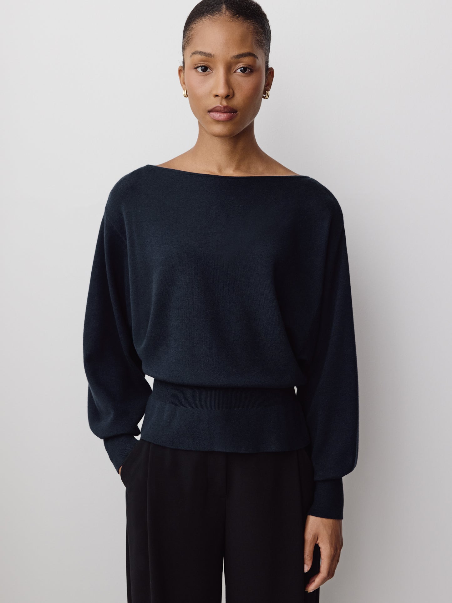 Ladies Knit Sweater Cinched Waist Boat Neck Cotton Blend