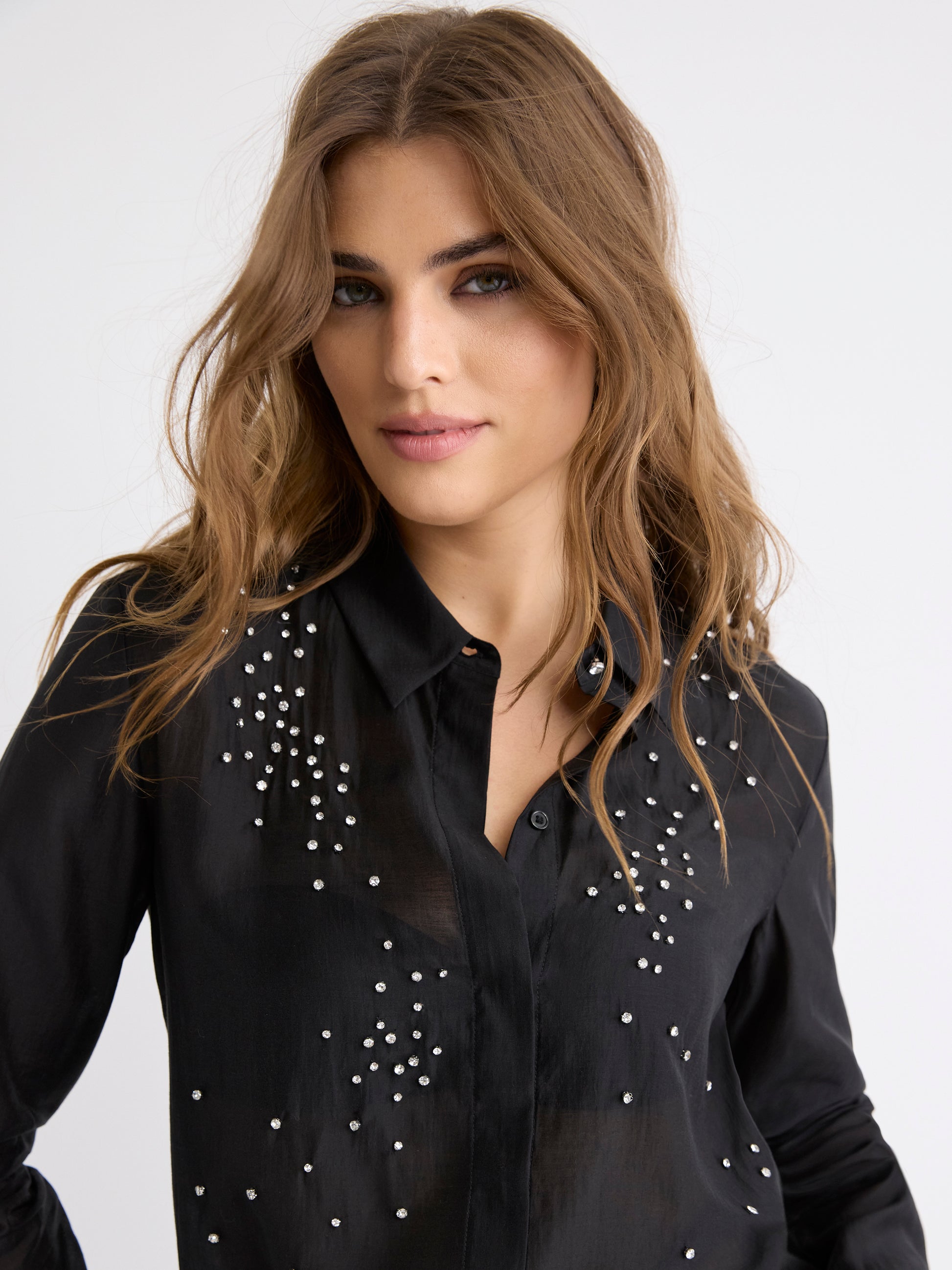 Long-Sleeve Buttoned-Down Blouse with Rhinestones