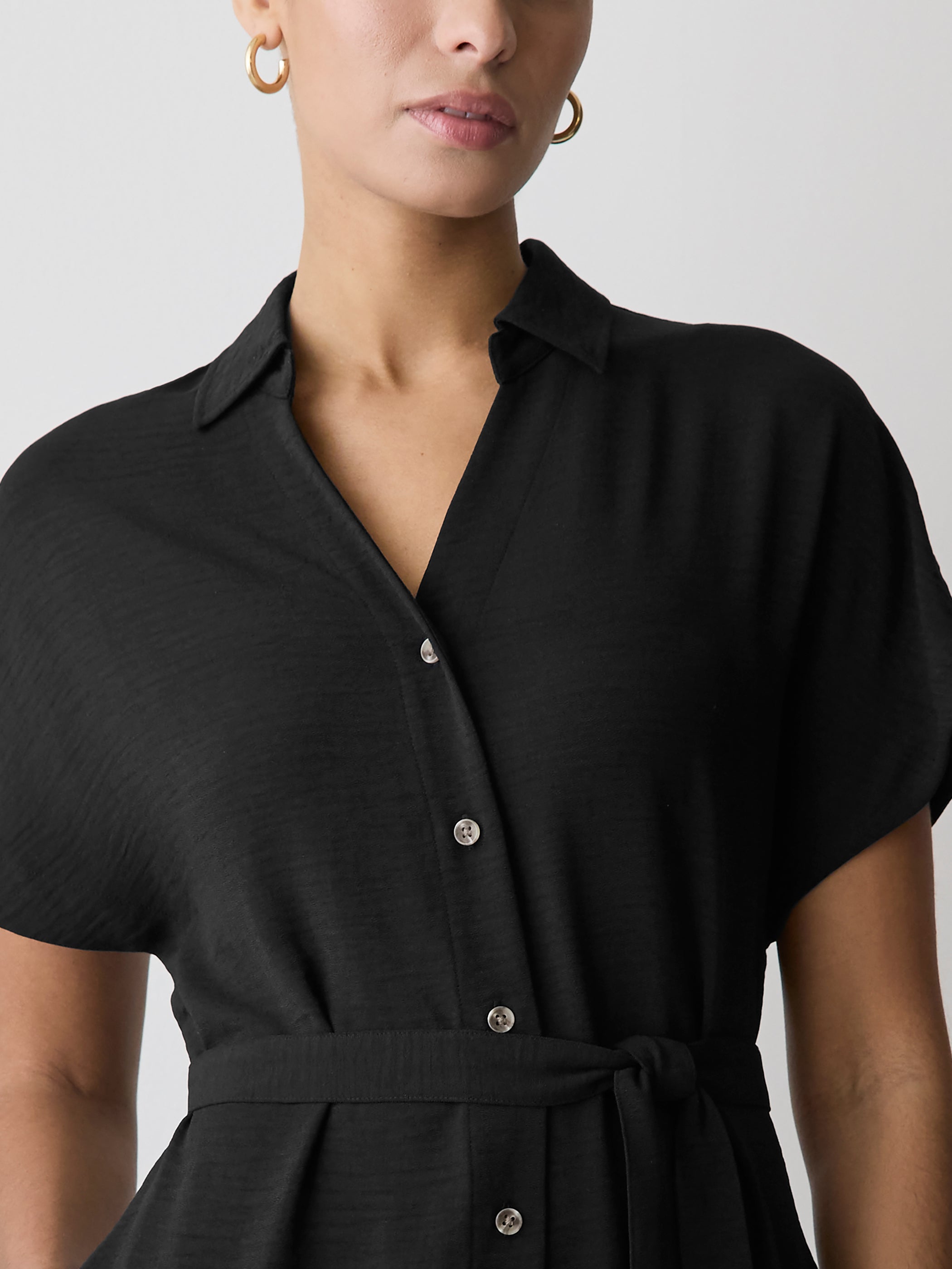 ワンピース WIRROW stand collar shirt dress Women's Linen-Blend Short Sleeve Midi Dress with Shirt Collar – RW&CO
