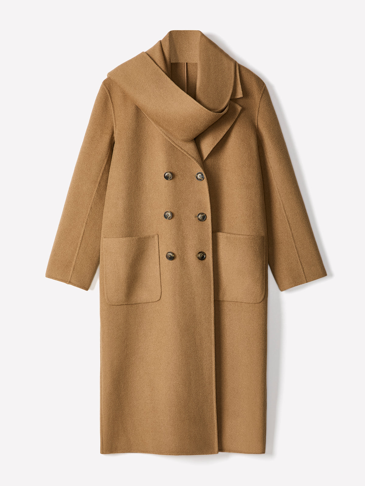 Wool Blend Double-Breasted Coat with Removable Scarf