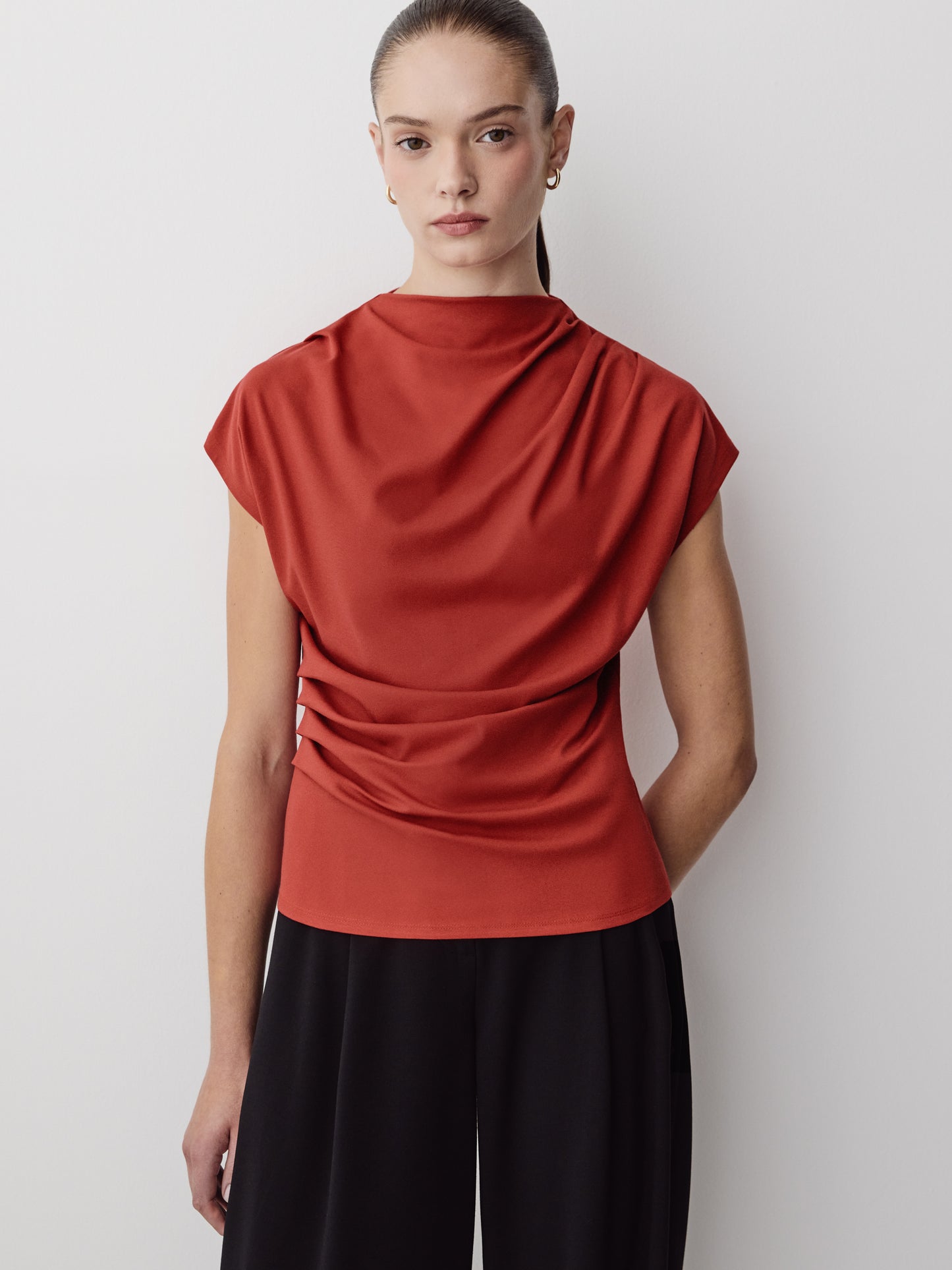 Extended-Sleeve Crew-Neck Draped Top