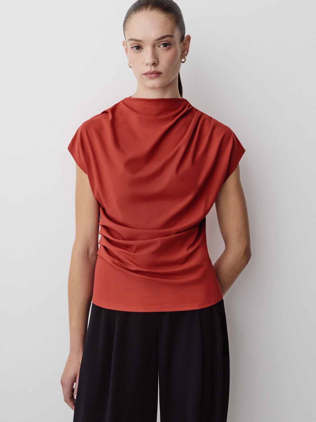 Extended-Sleeve Crew-Neck Draped Top