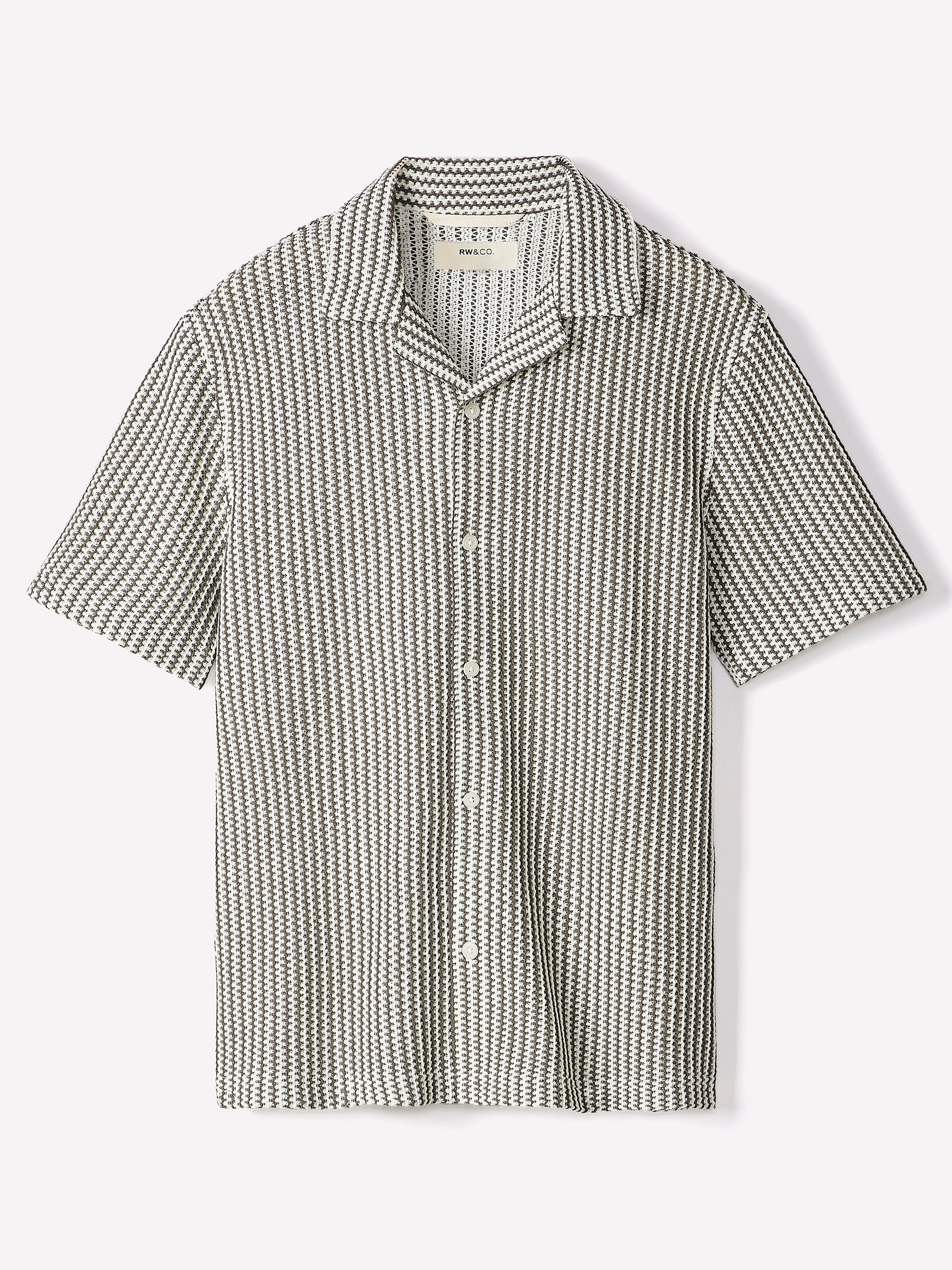 Striped Short-Sleeve Crochet Shirt with Camp Collar