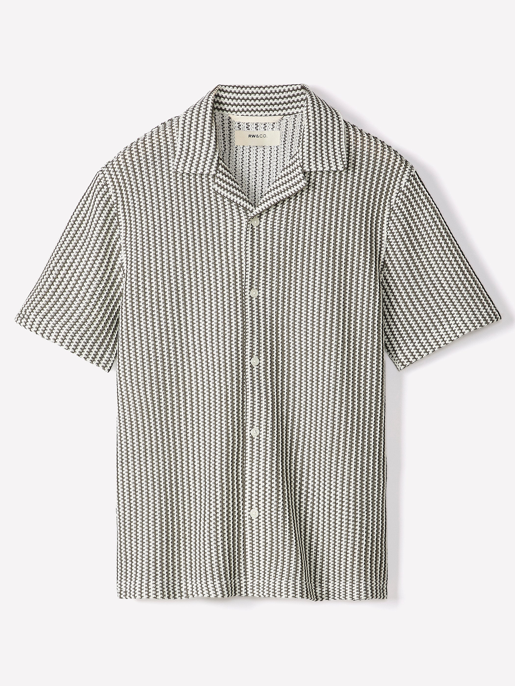 Striped Short-Sleeve Crochet Shirt with Camp Collar