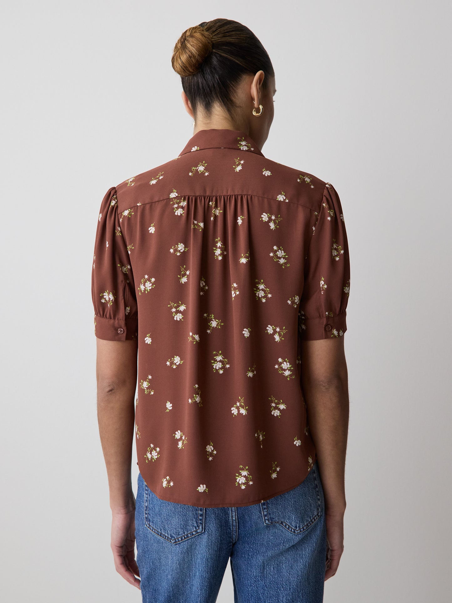 Silky Crepe Short-Sleeve Buttoned-Down Blouse