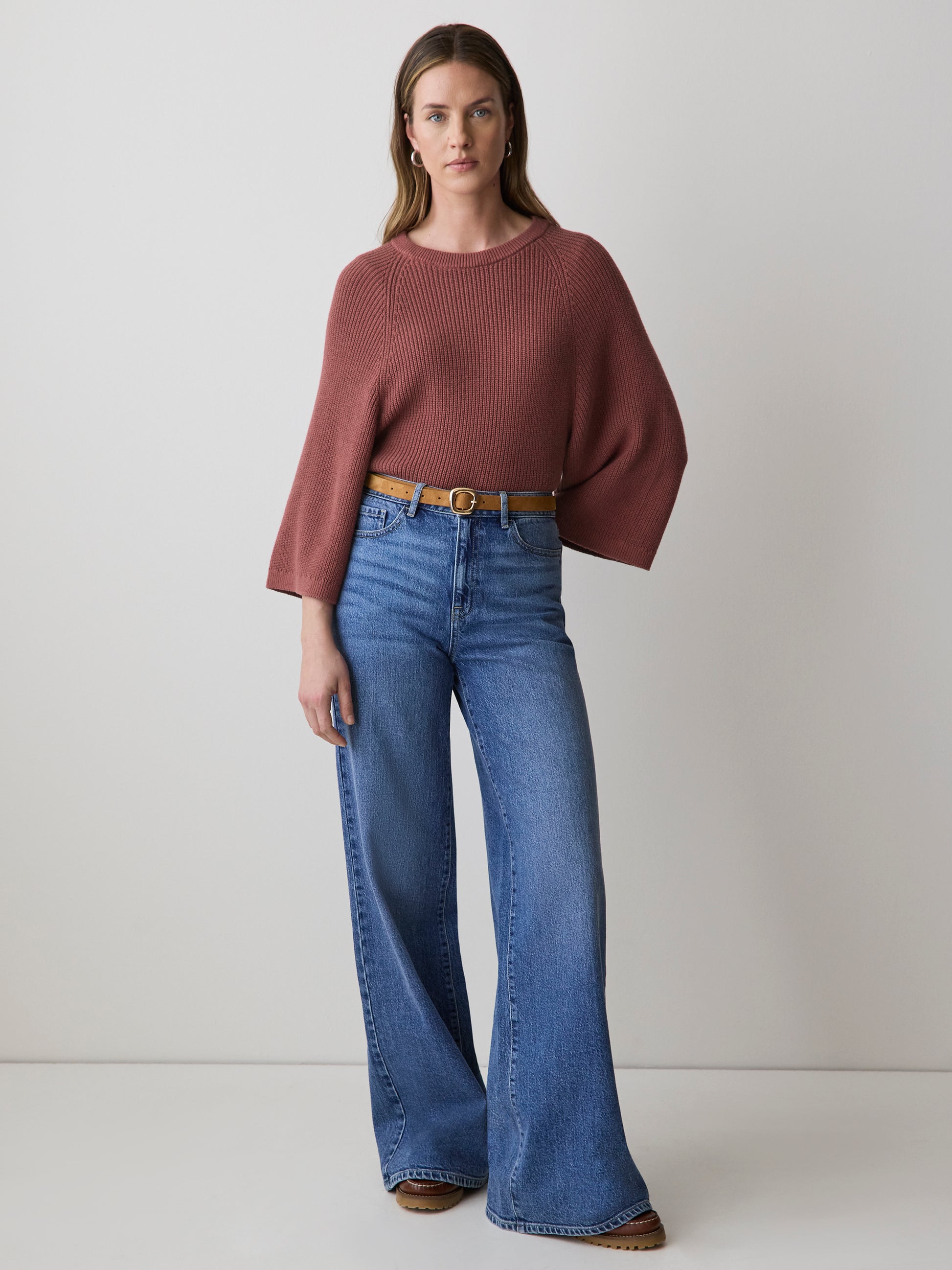 Wide-Sleeve Crew-Neck Merino-Blend Sweater