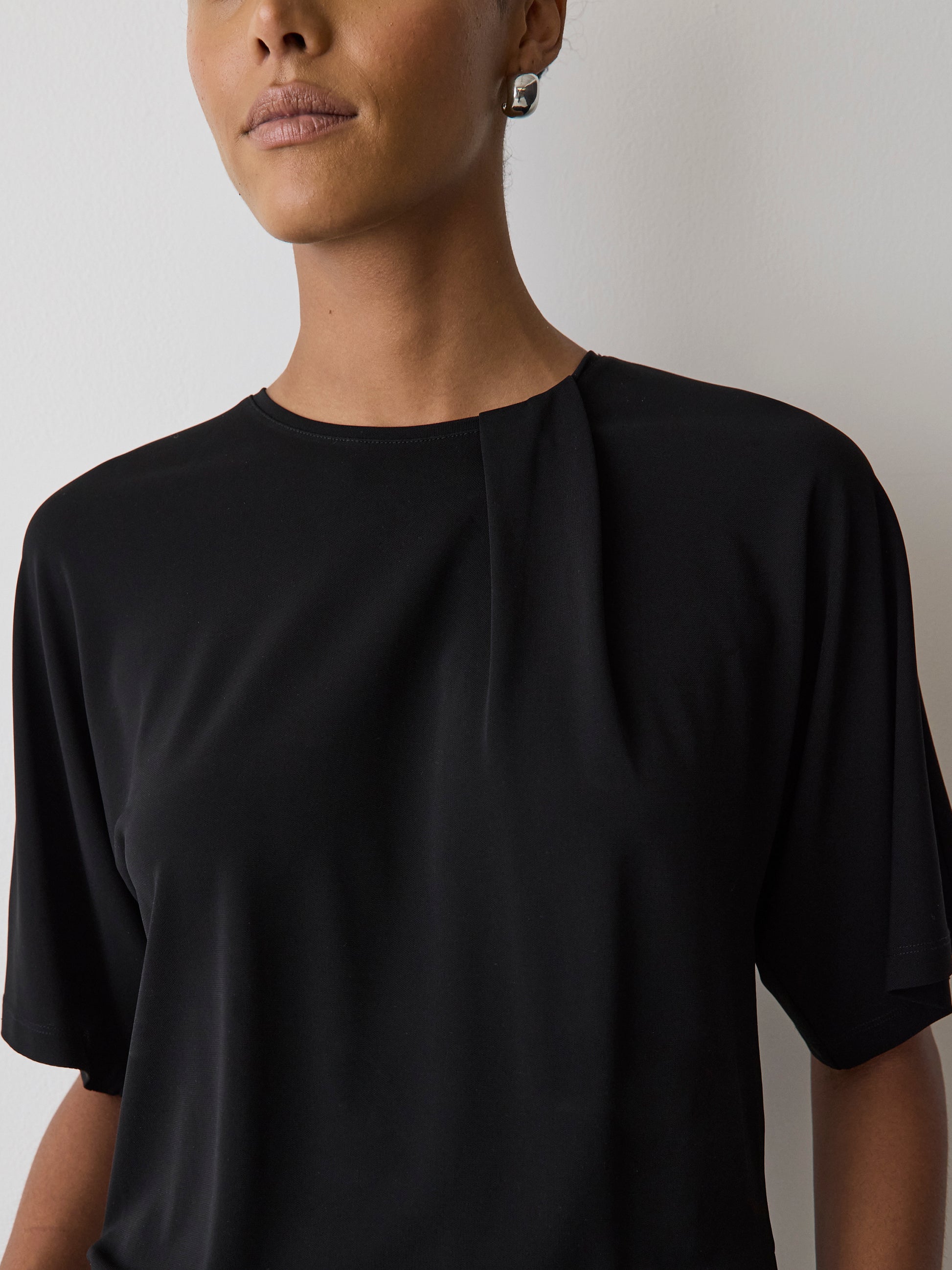 Short-Sleeve Crew-Neck Top with Pleated Detail