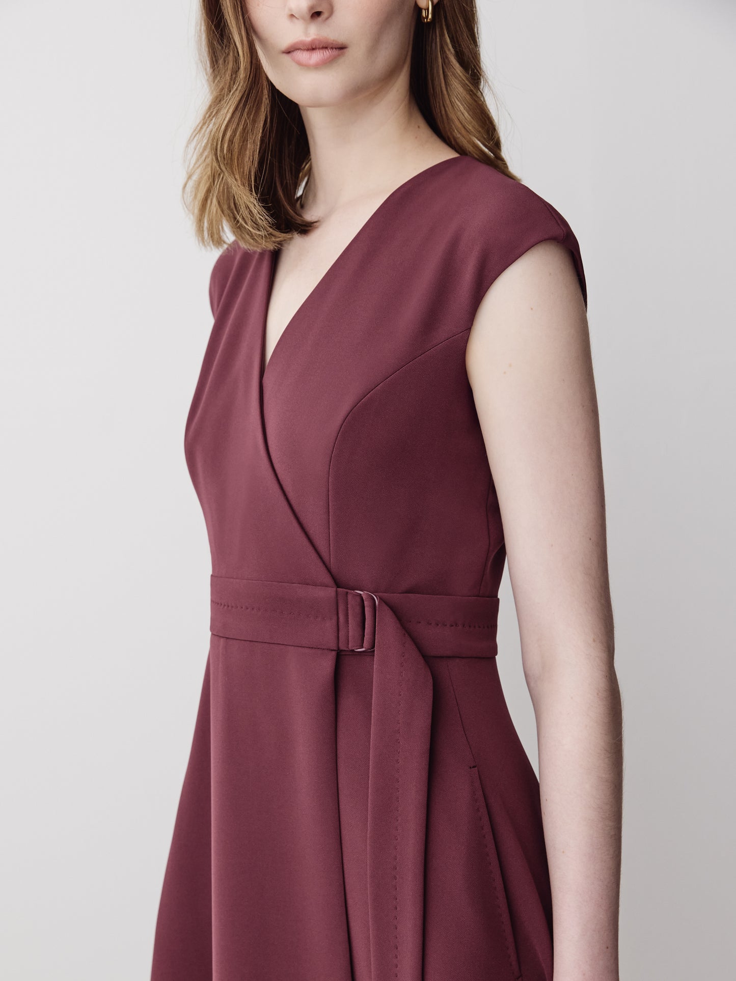 Extended-Sleeve V-Neck Wrap Midi Dress