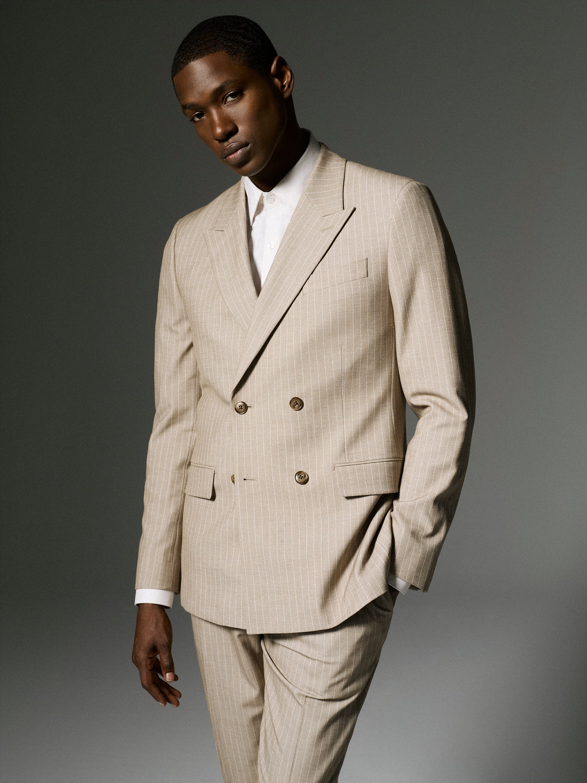 Woven Double Breasted Taupe Pinstripe Blazer