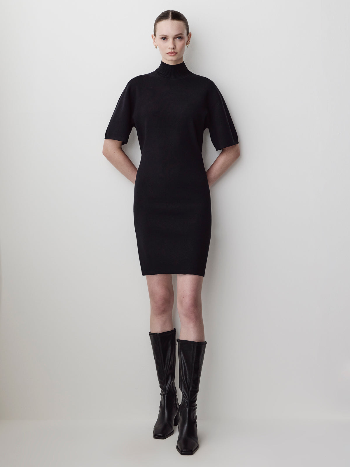 Short-Sleeve Mock-Neck Mini Sweater Dress