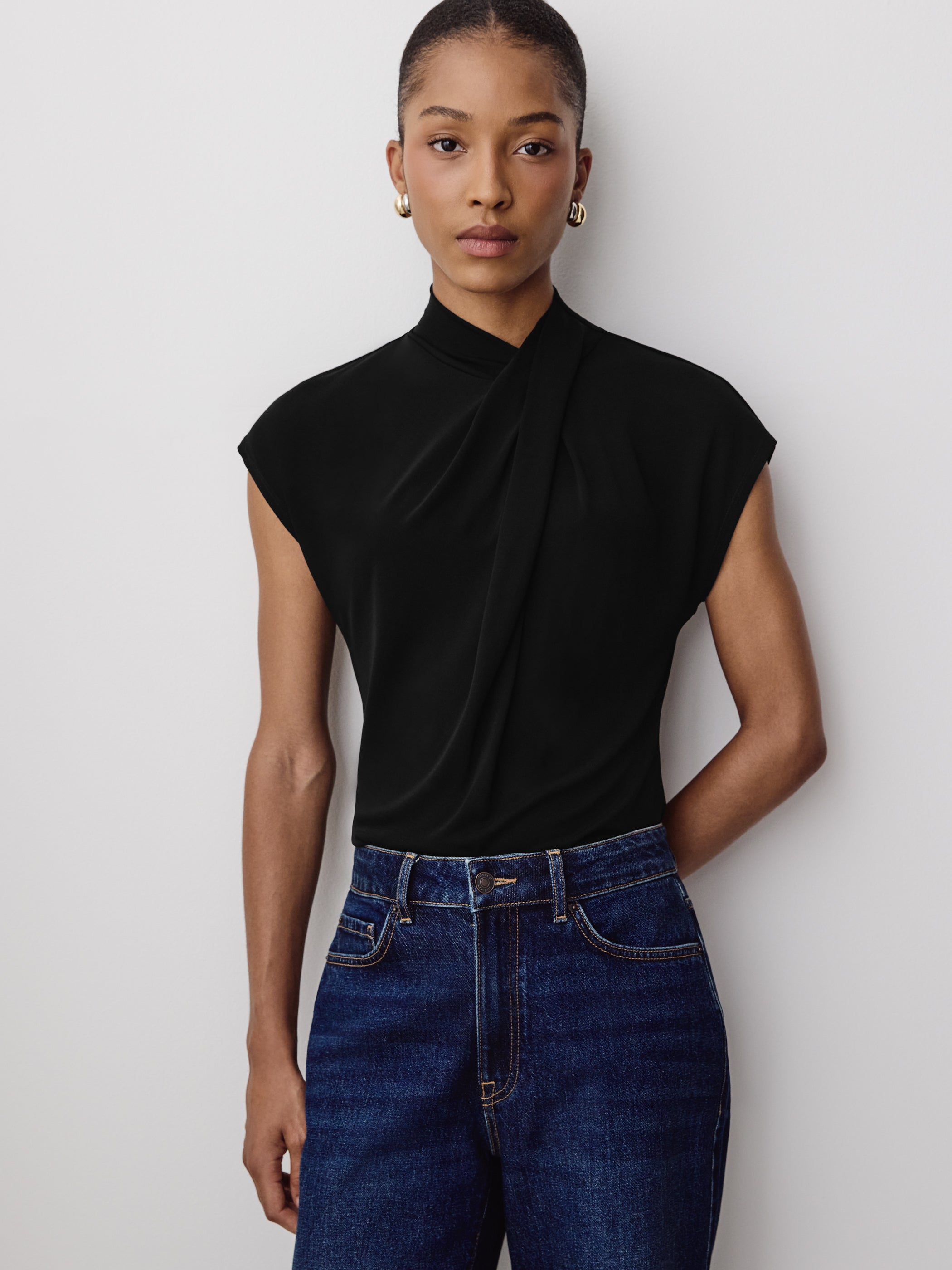 Extended-Sleeve Top with Crossover Draped Mock Neckline