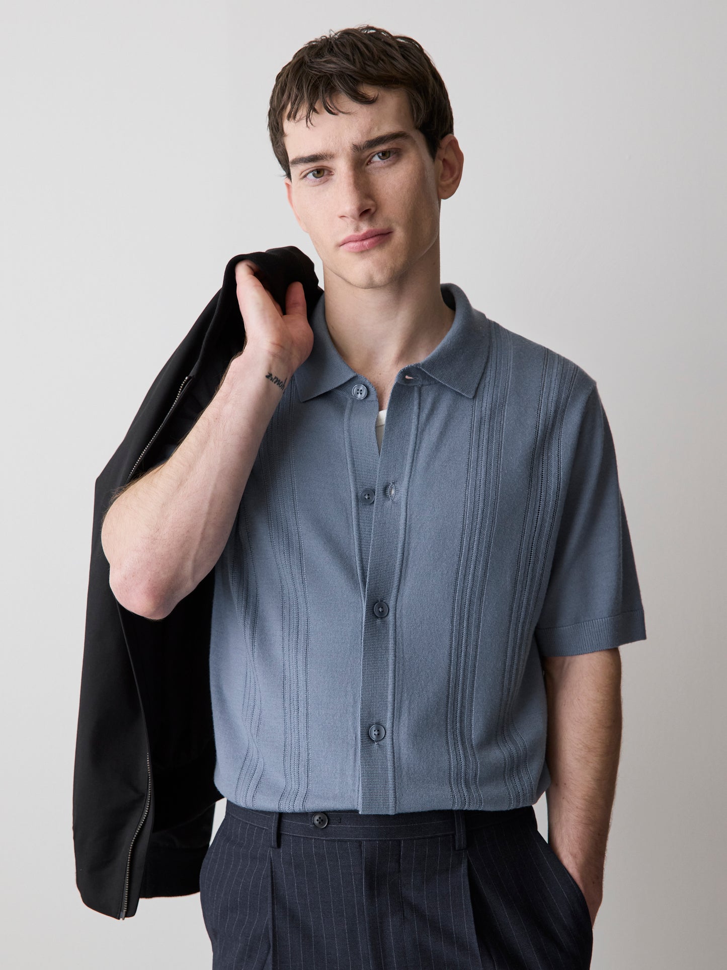 Merino-Wool Short-Sleeve Shirt-Collar Cardigan