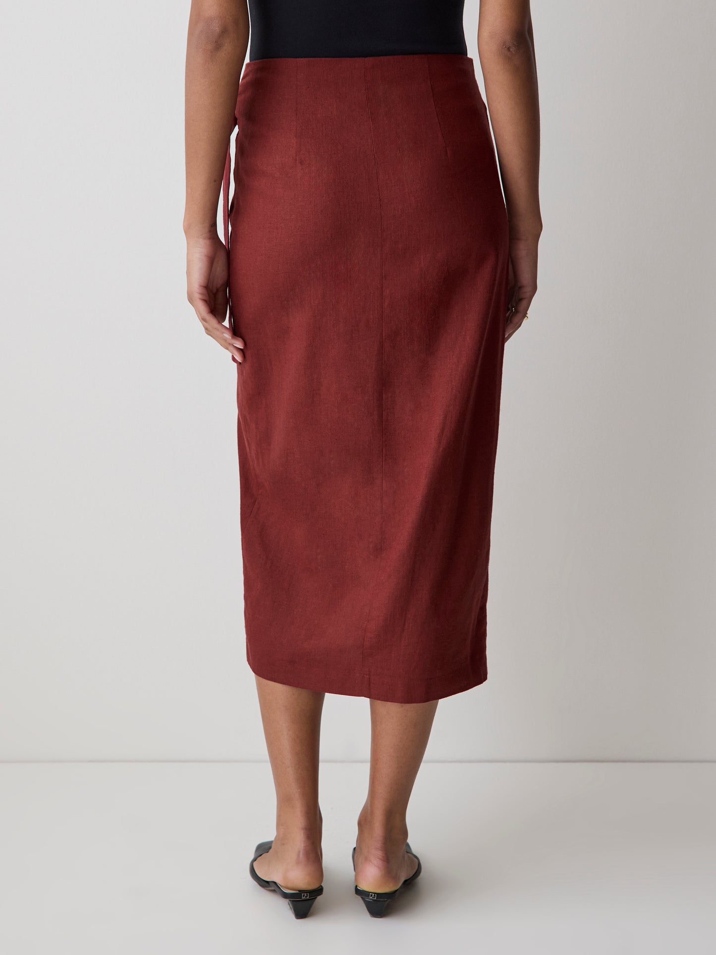 Woven Linen Blend Wrap Midi Skirt