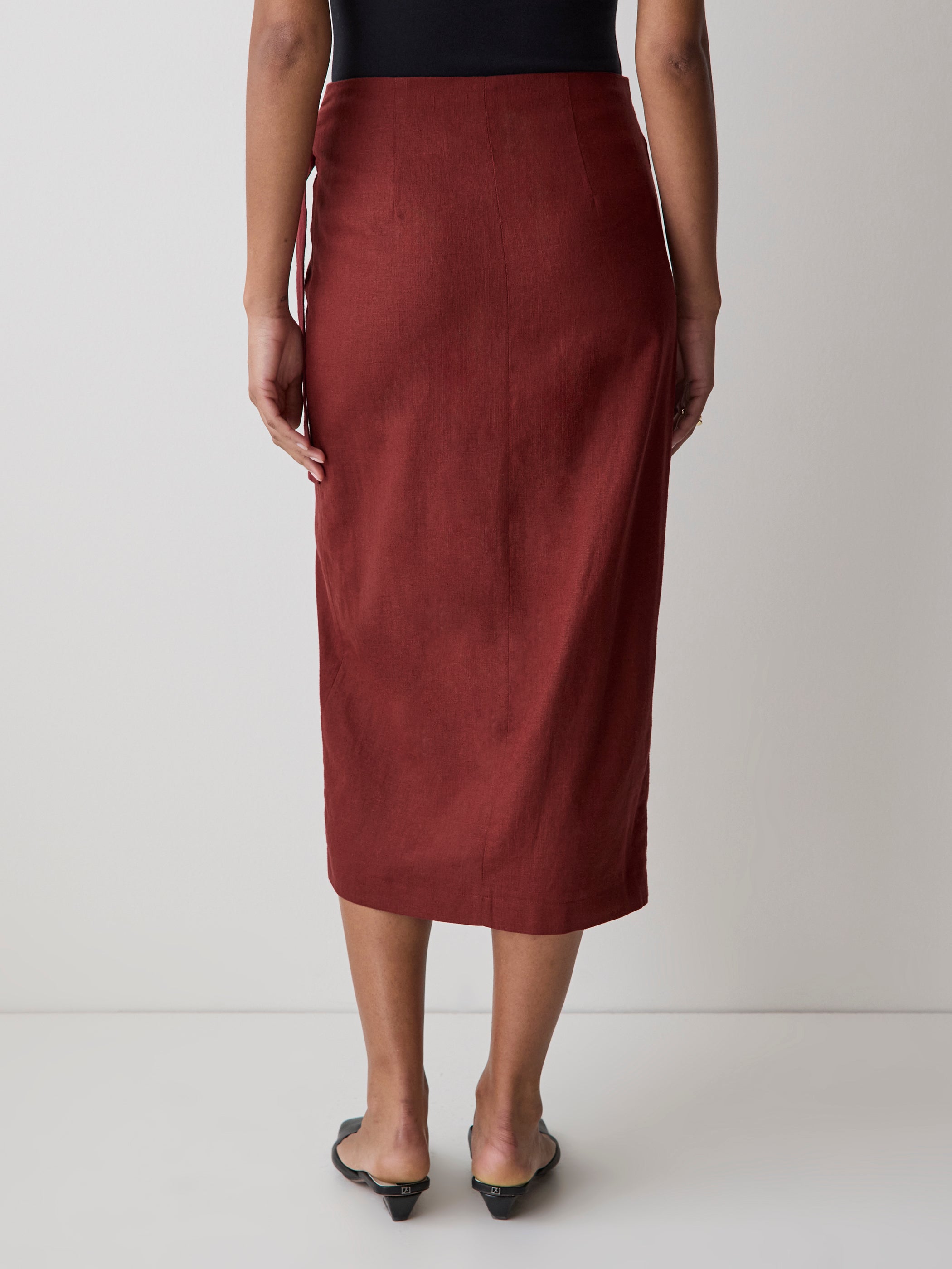 Woven Linen Blend Wrap Midi Skirt